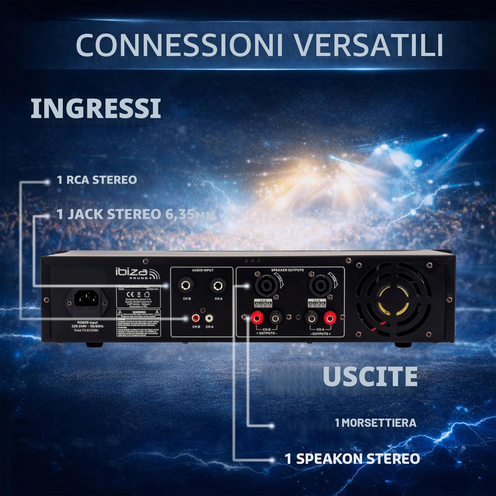 Ibiza AMP1000-MKII Amplificatore PA professionale 2x800 W – Amplificatore di potenza stereo da 19” montabile su rack con ingressi RCA/Jack, uscite Speakon/morsettiera e protezioni elettroniche