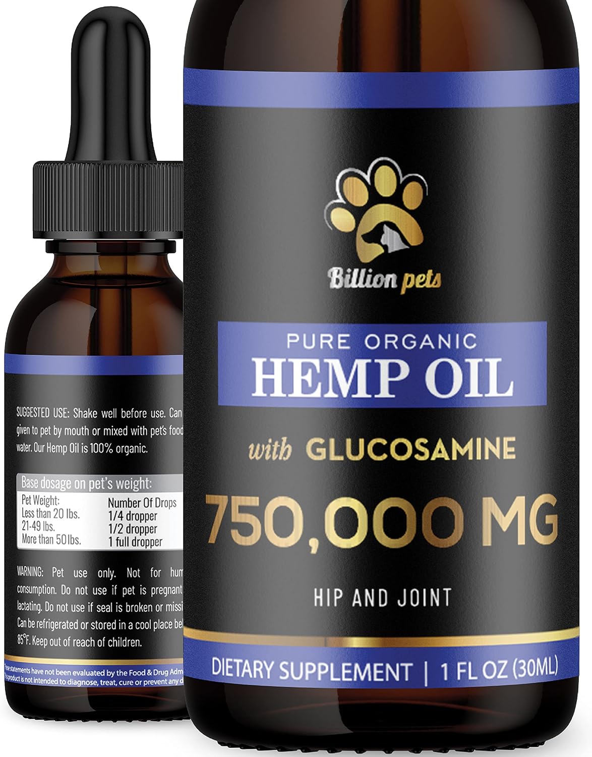Billion Pets Hemp Oil for Dogs and Cats – Pure Organic Extract Calming Aid Drops with Glucosamine for Hip Support, Immune Function,…