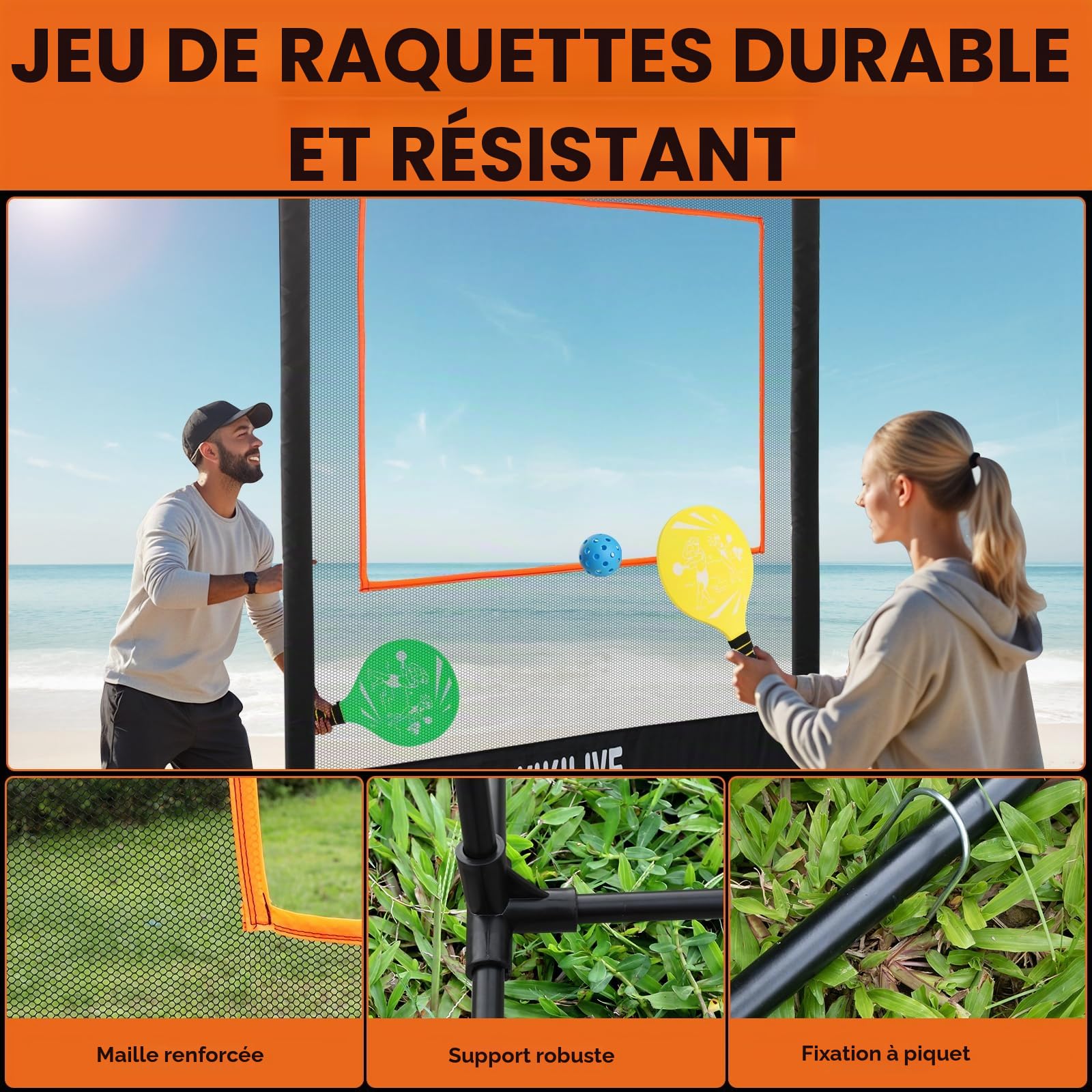 Set de Jeux de Raquettes avec Filet - Set Sportif 4-en-1, Compatible Badminton/Tennis de Table/Volant/Pickleball, Set de Jeux Sportifs Intérieur & Extérieur, pour Plage/Jardin/Maison