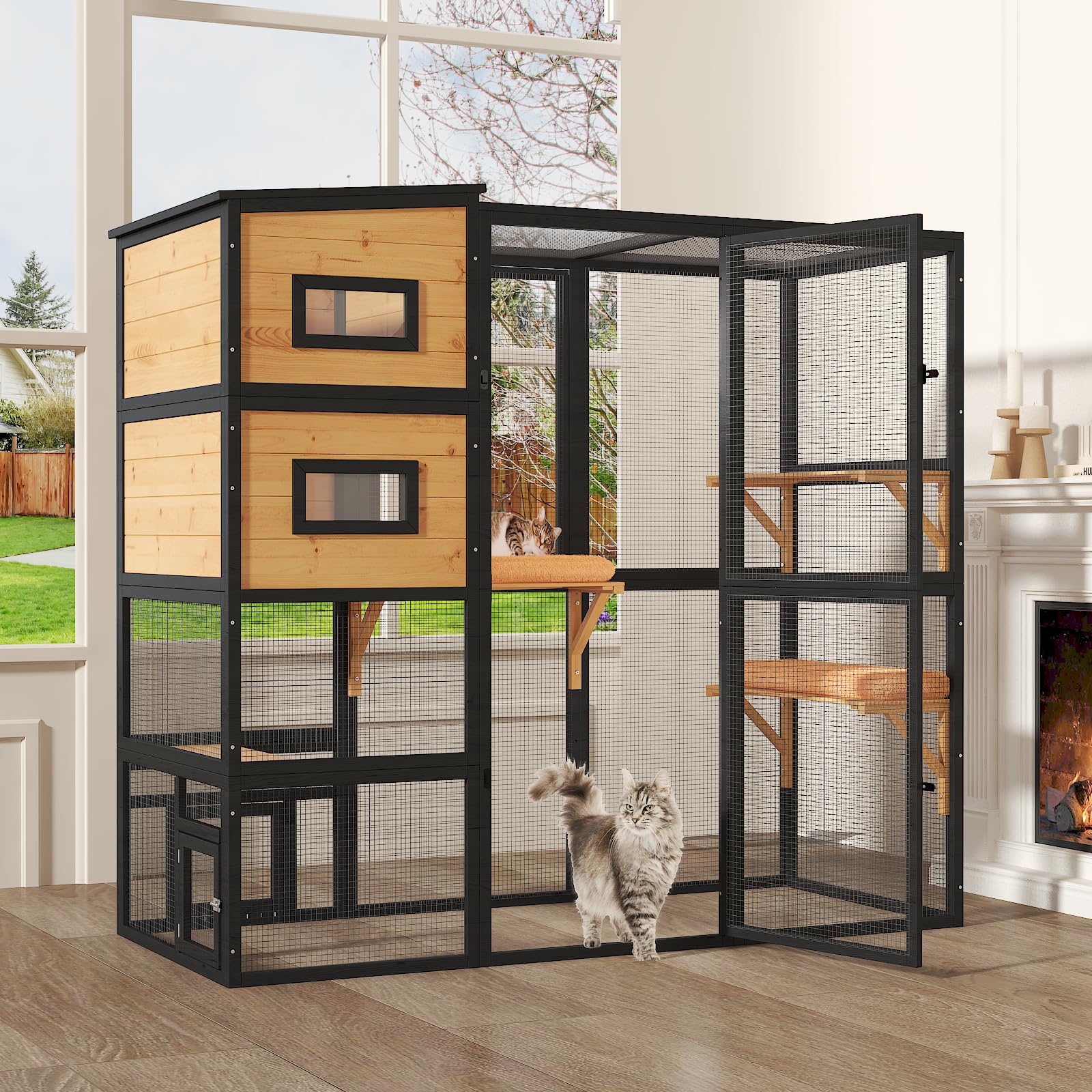 Large Indoor Cat Catio, 4 Tier Outdoor Cat Enclosures House for Cats with Waterroof Roof, 3 Resting Rooms, 3 Platforms, Cats Catio Connect to Window with 2 Large Door, Feral Pet Shelter, Black