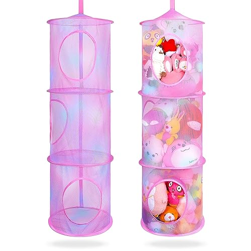 Basumee Stuffed Animals Net or Hammock 2 Pcs Stuffed Animals Storage Toy Net Hammock for Plushies Storage Organizer Mesh Kids Girls Room Decor, Pink, 3 Tiers - Pink - 3 Tiers