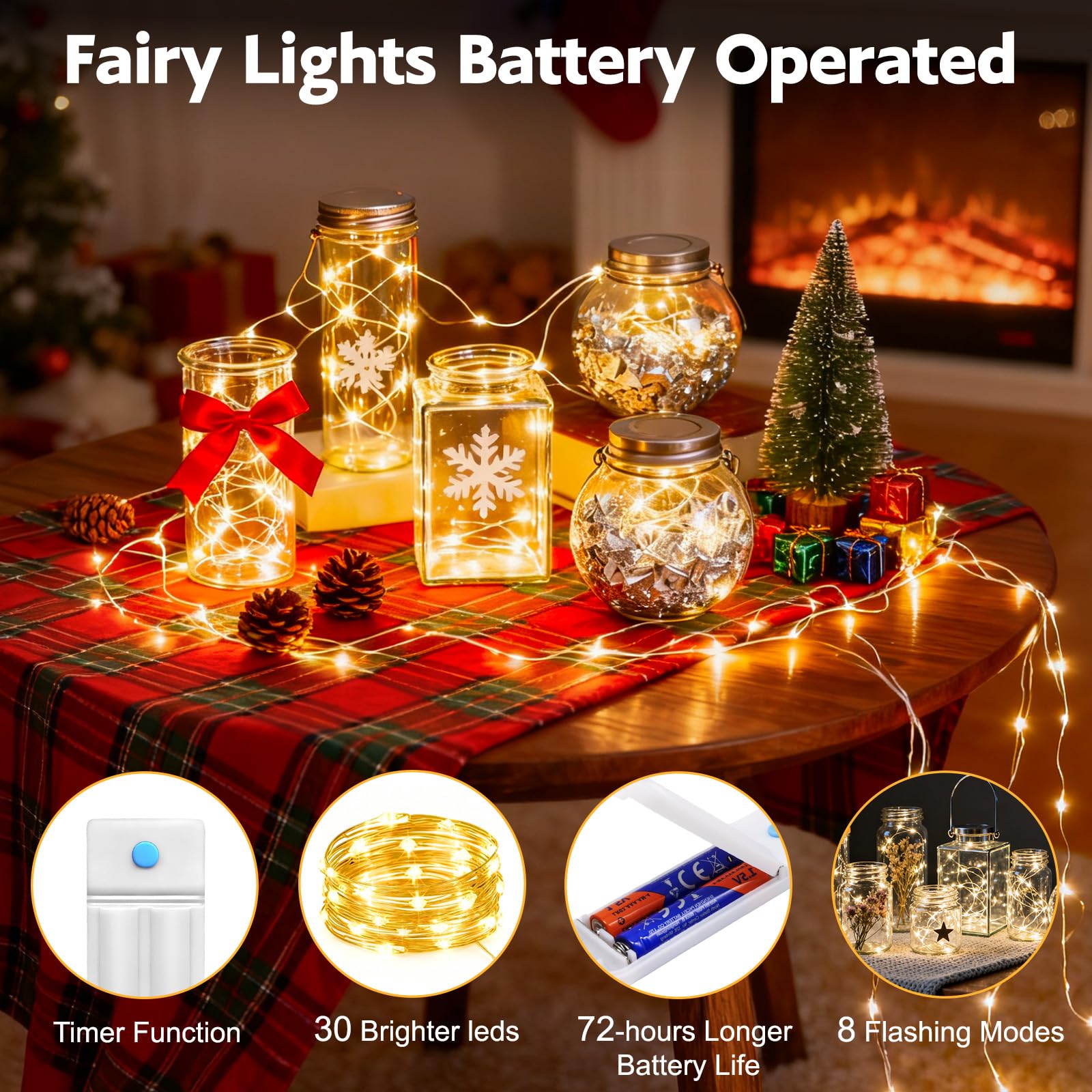 Lot de 10 guirlandes lumineuses à piles avec minuteur, 3 m, 30 LED, 8 modes, étanches, pour chambre à coucher, bricolage, maison, fête, mariage, décoration de Noël, blanc chaud