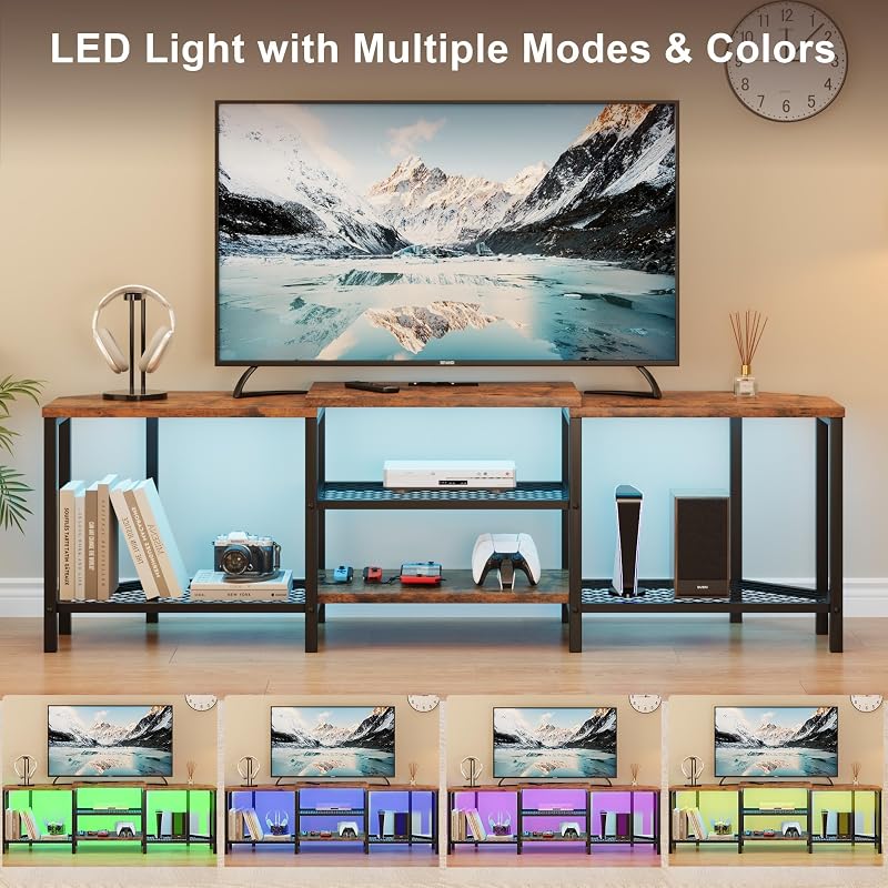 IDEALHOUSE Modern Rustic TV Stand Fits Up to 75 Inch TV, Corner LED Entertainment Center with Power Outlets & 4 Open Storage Shelves, Vintage Style Media Console Table for Living Room Bedroom image 4