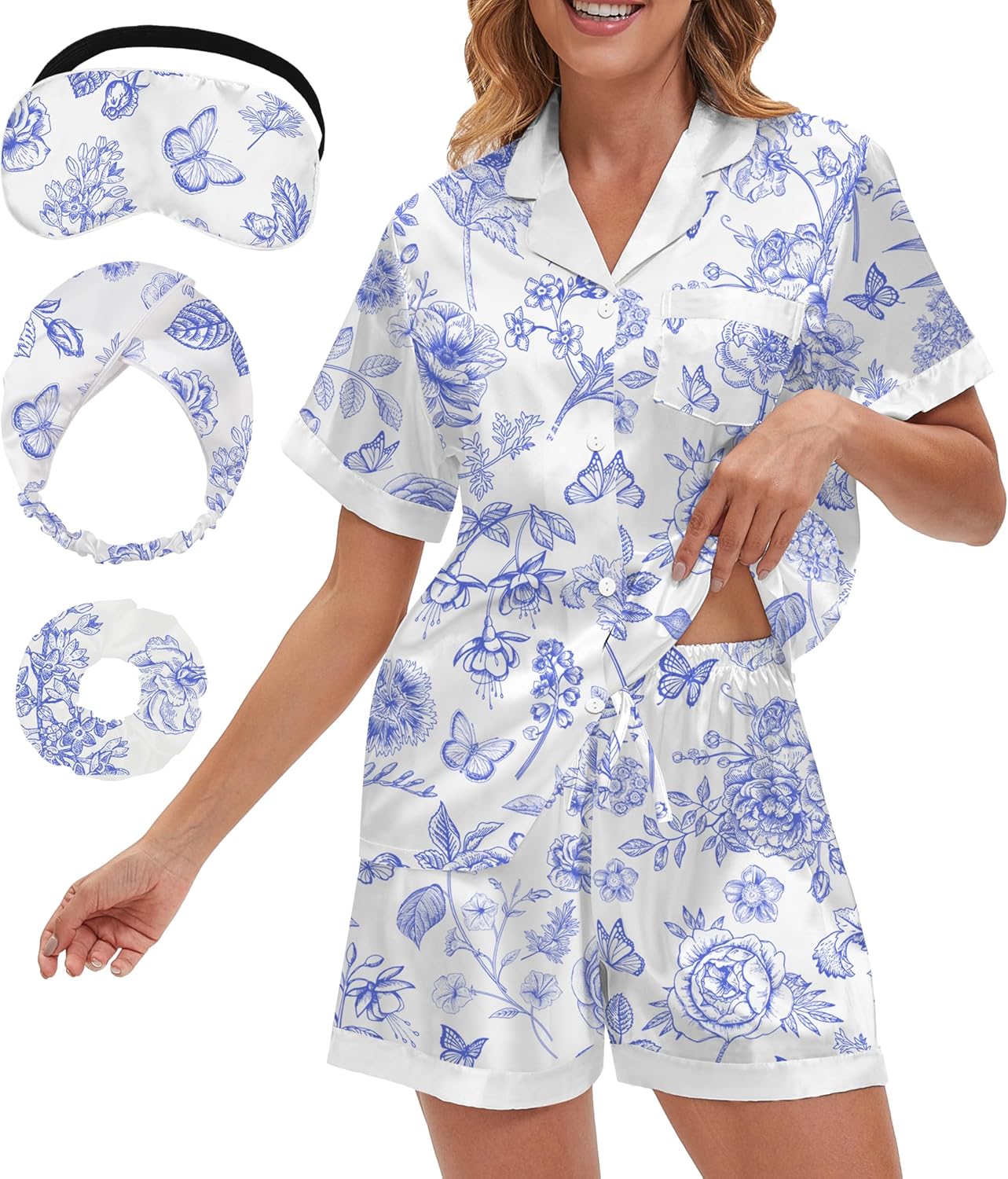 NOWDER Satin Pajama Set for Women Silk Pajamas Short Sleeve Shorts Button Down Pjs Sets Loungewear Sleepwear