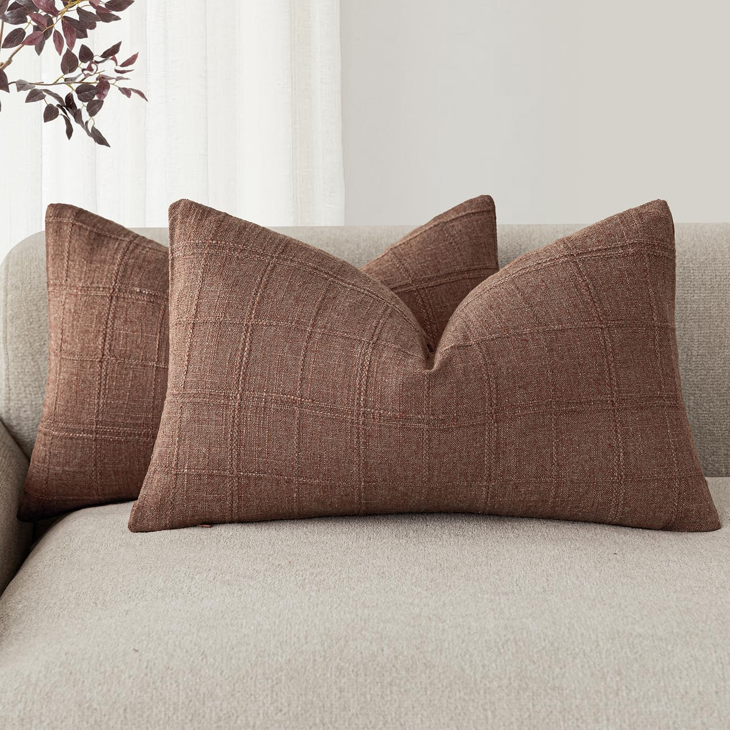 Foindtower Vintage Linen Check Lumbar Throw Pillow Cover 12×24 Autumnal Red