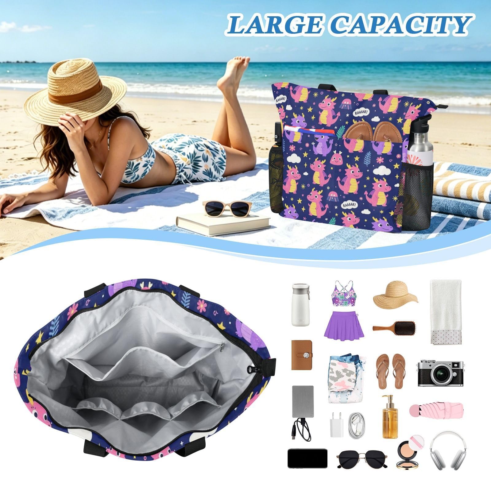 JUNZAN Versátil bolsa de playa con cremallera para almacenamiento de