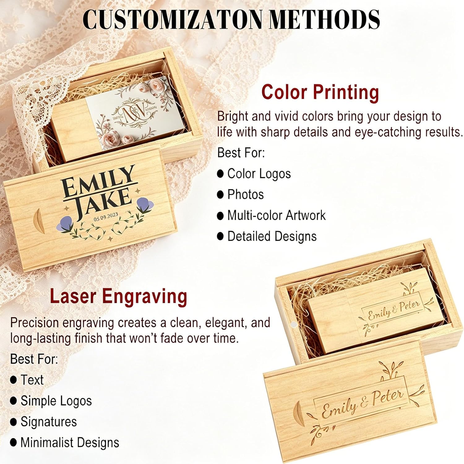 64GB USB 2.0 Personalized Custom Wood USB Flash Drive Wedding Thumb Drive with Gift Box, Customized Engraved Wooden Memory Sticks Jump Drives for Photography/Wedding/Company