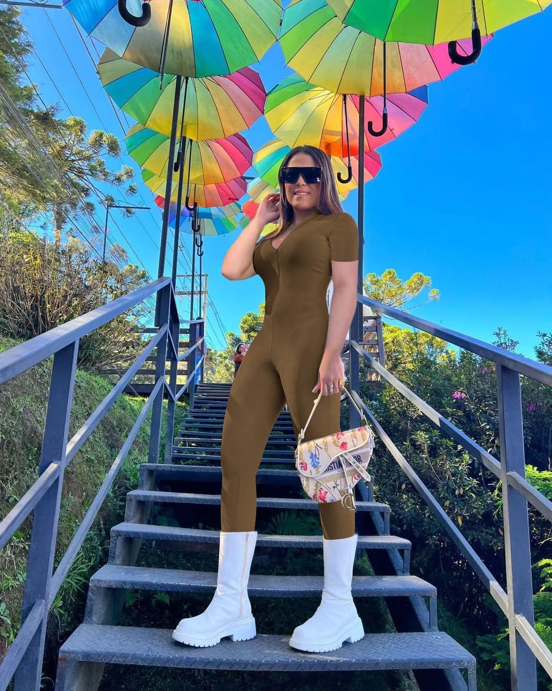 Mrskoala Women Summer Jumpsuits One Piece Dressy Short Sleeve Casual Zipper Romper - Image 3