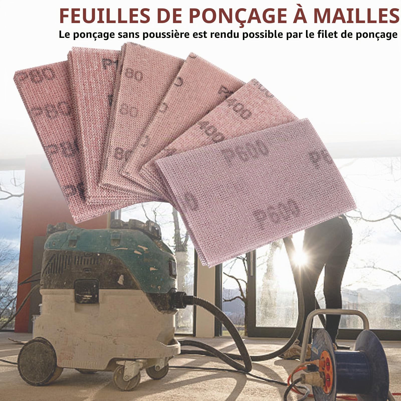 50 pièces Bande abrasive en filet 70x125mm - Feuilles abrasives auto-agrippantes - pour poncer sans poussière le bois, le mastic, la peinture, le plastique- Grain P180