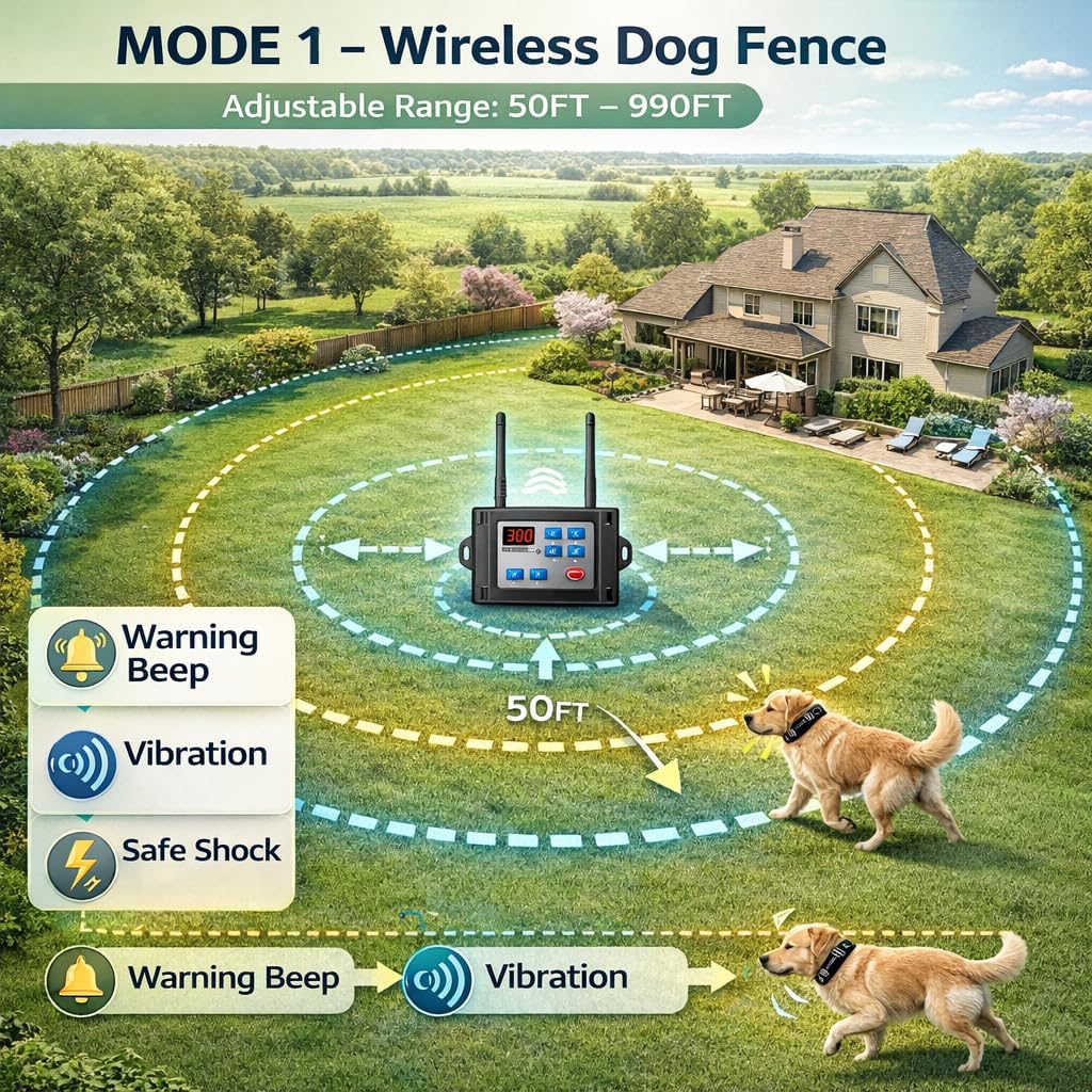 Wireless Dog Fence System for 2 Dogs, Dog Fence with LCD Screen, Adjustable Warning Strength, Range 300 M, Rechargeable Wireless Pet Fence, Dog Perimeter Collar, Invisible Dog Fence