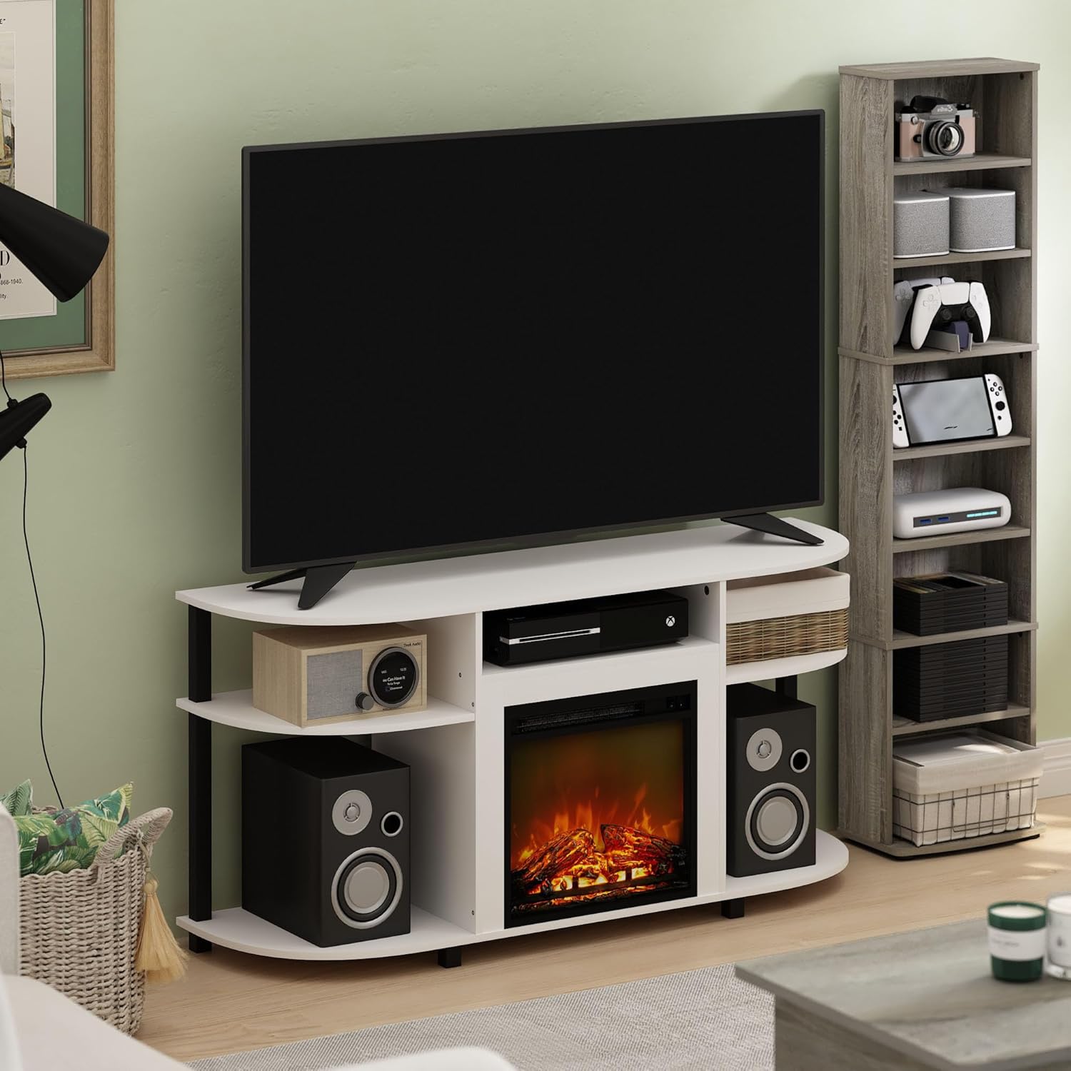 Furinno Jensen Fireplace TV Stand, Curved Entertainment Center, TV Console for TV up to 55 Inch with Fireplace and Open Storage, for Living Room, Bedroom, Solid White