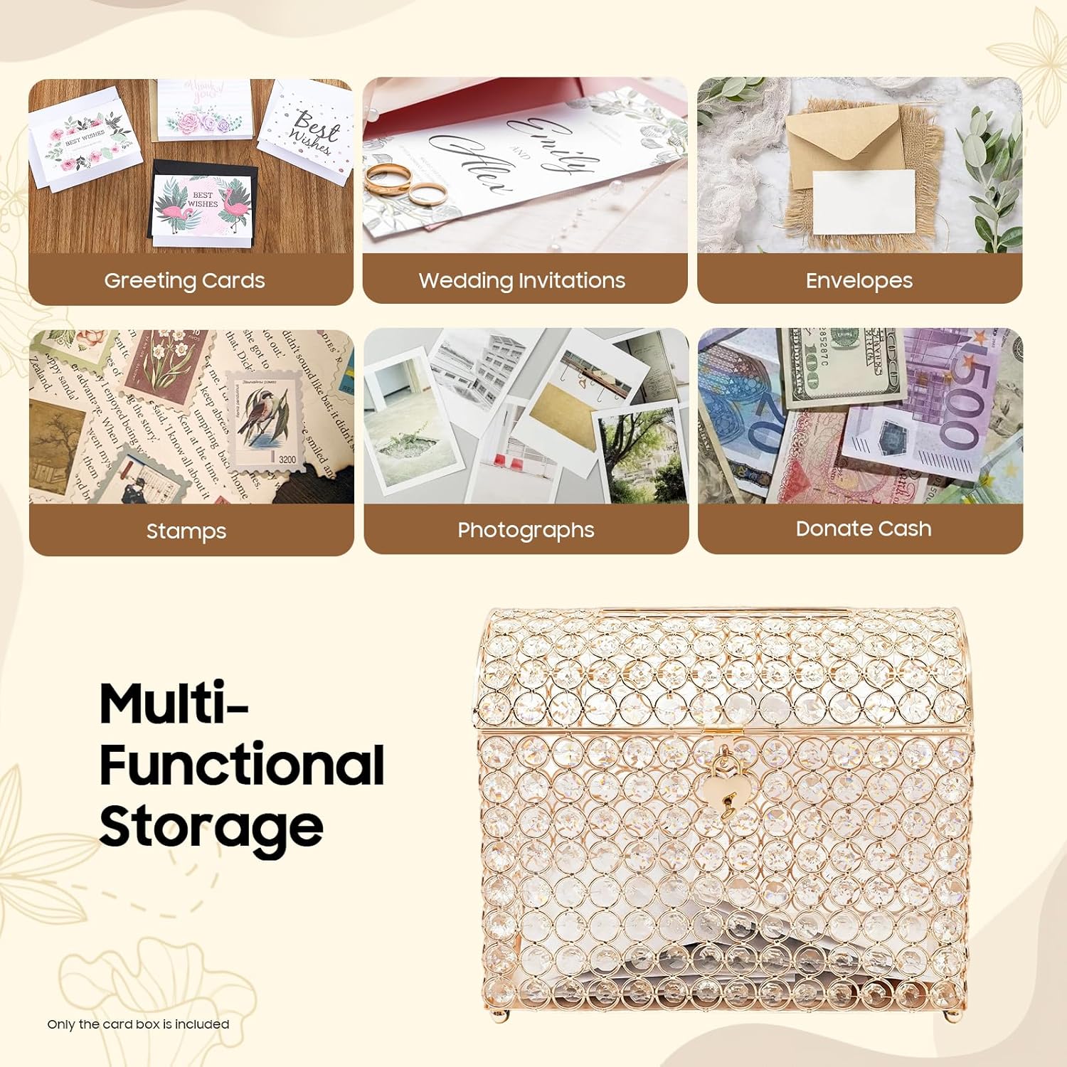 Crystal Wedding Card Box with Heart Lock, Wedding Money Box, Treasure Chest Bead Card Receiving Box for Reception, Graduation, Keepsake Display, Party Centerpiece, 12.2" x 6.3" x 9.8", Gold