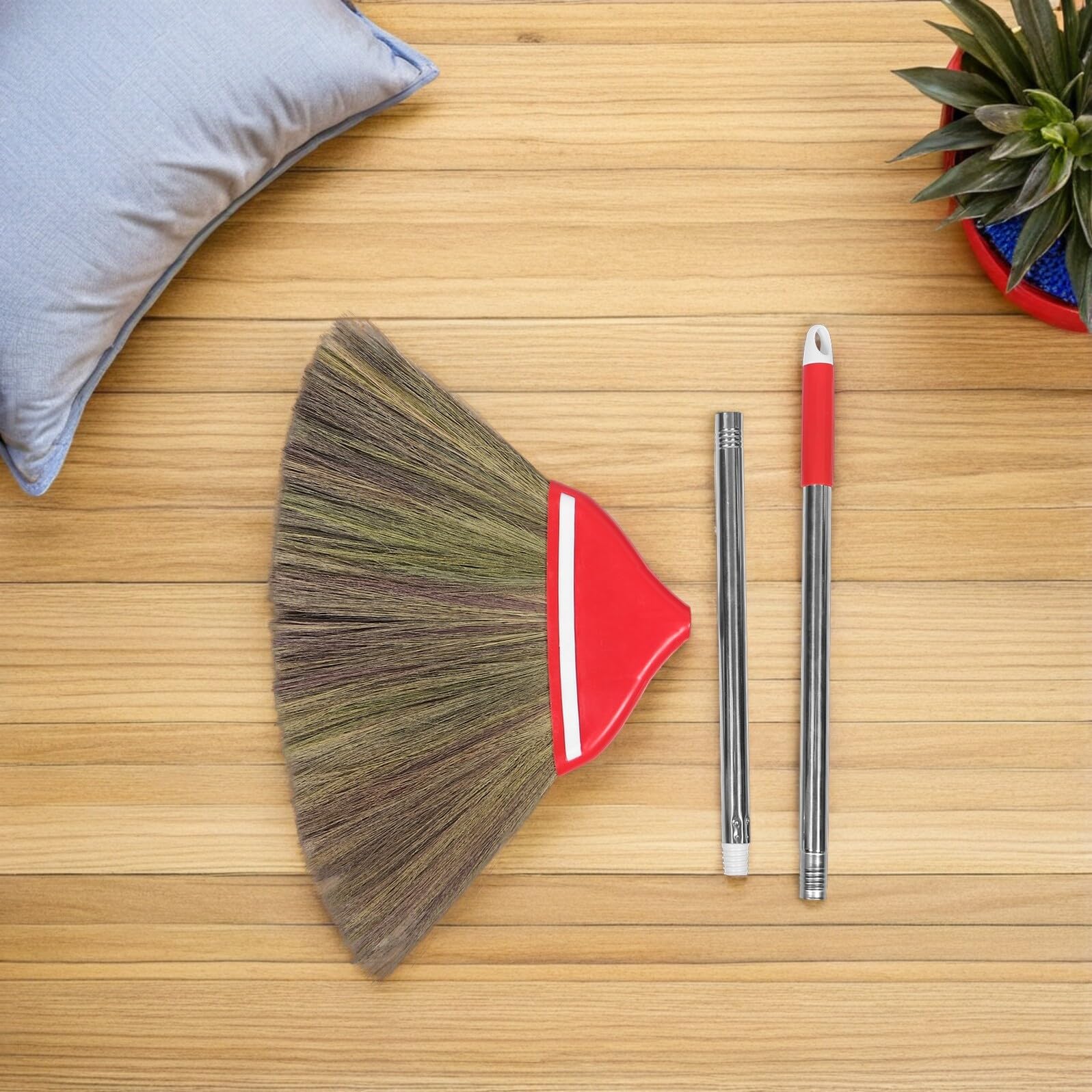 Uonlytech Escoba Tradicional China de Mano para Limpieza 106 CM Paja Natural Trenzada Artesanal Escoba para Interiores y Exteriores Cepillo de Barrido para Hogar y Patio Rojo