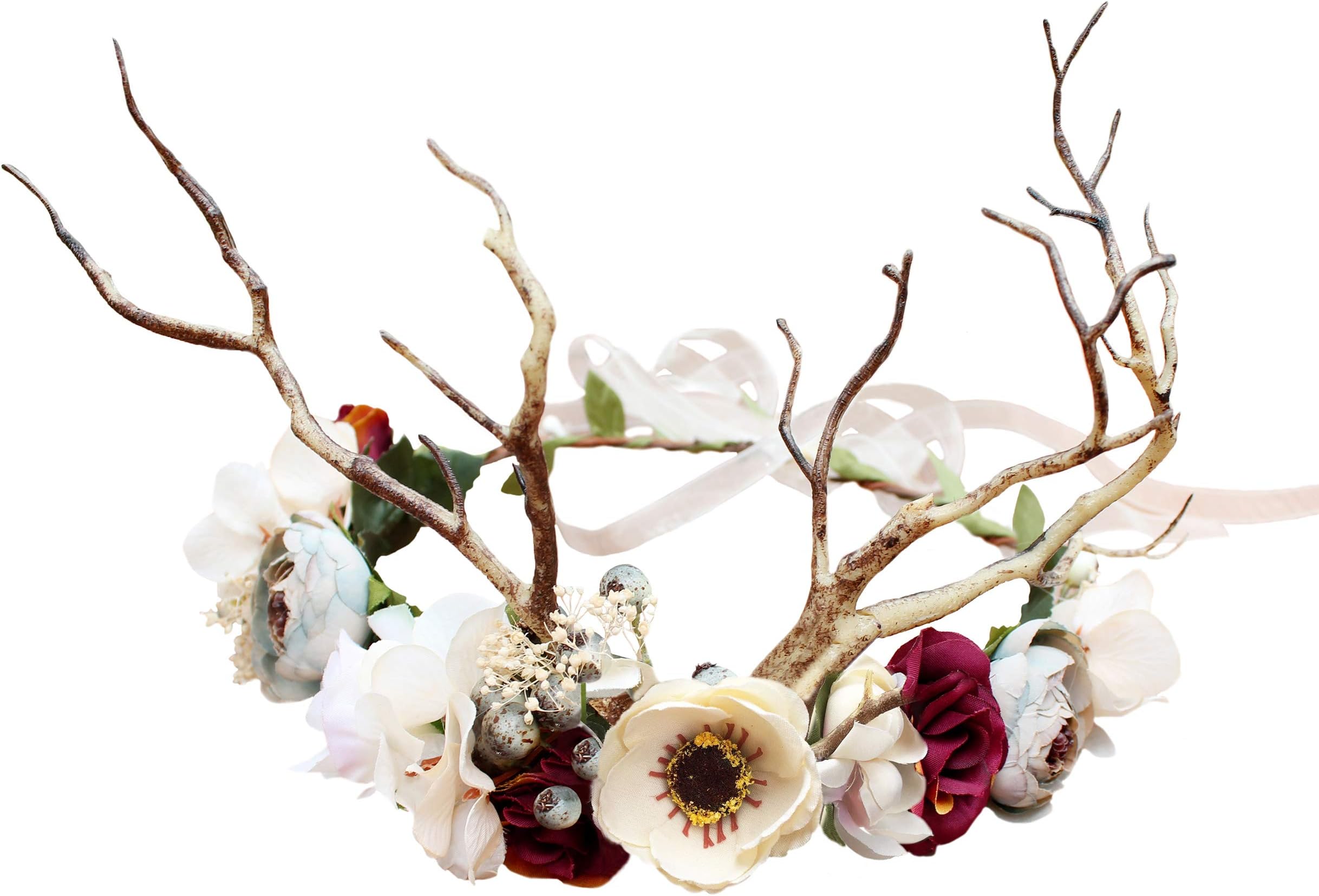 LLinfflr Deer Antler Hair Band with Flowers, Adjustable Size, 16cm-18cm Diame...