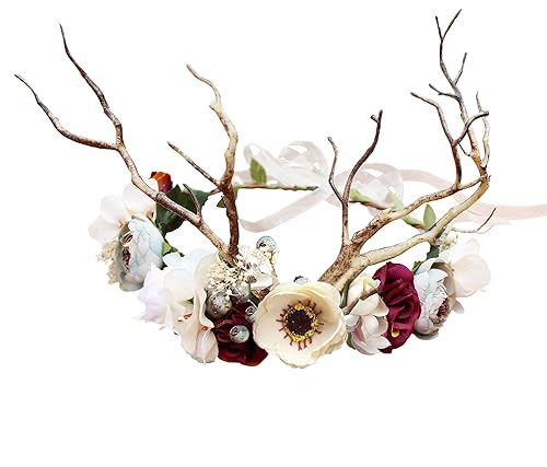 LLinfflr Diadema de cuernos de ciervo con flores y cuernos para el cabello, diadema de flores para fiesta, disfraz de cosplay