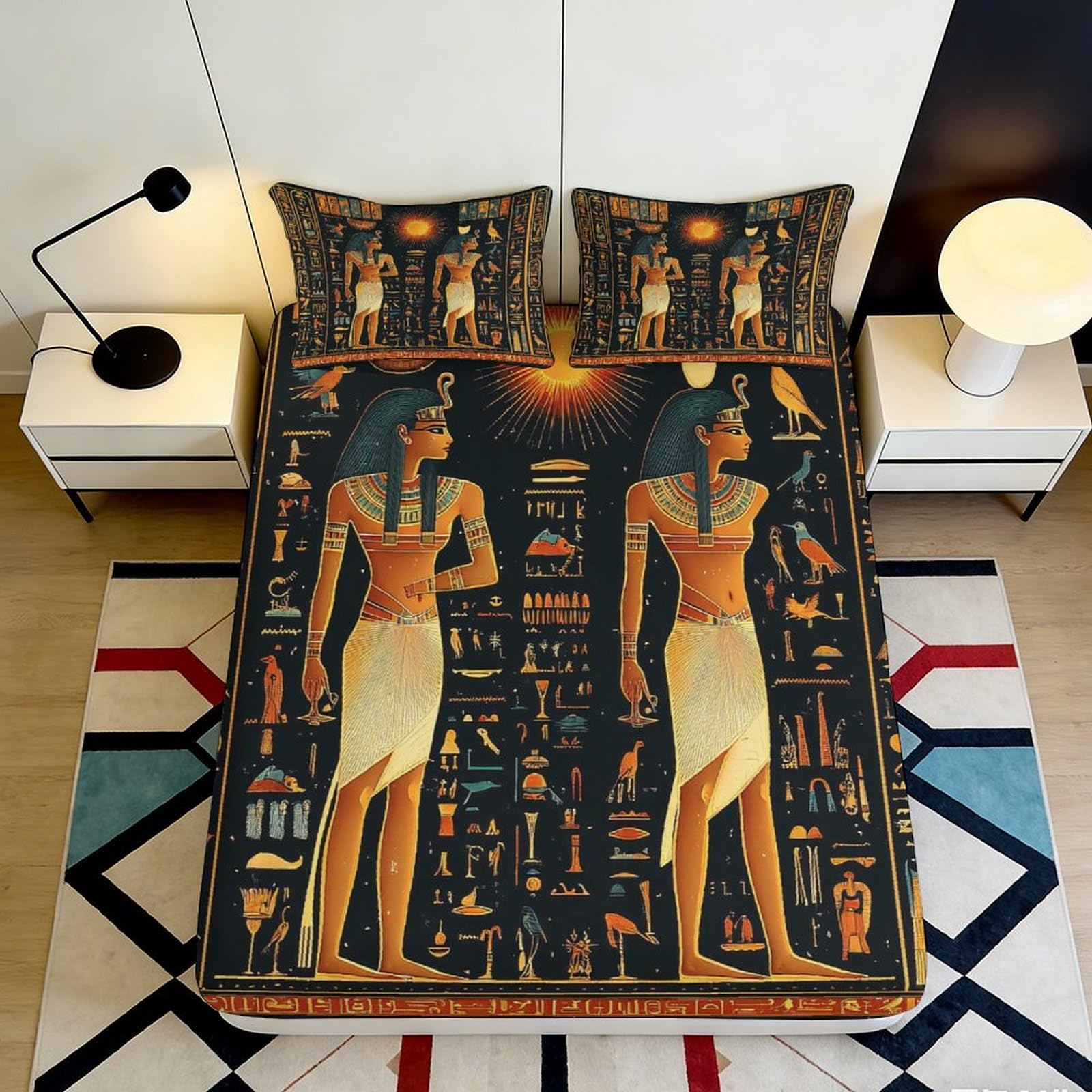 3D Printed Egyptian Hieroglyph Fitted Sheet Microfiber Soft Gold Black Pharaoh Mattress Cover Bedroom Dorm Decor 90x200x25cm