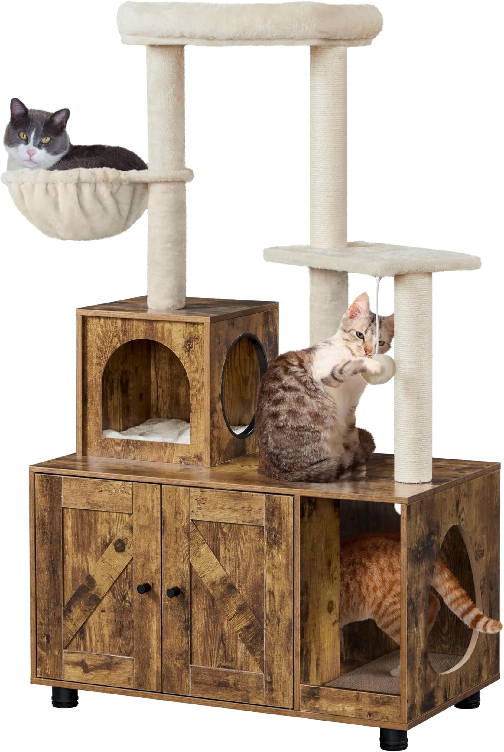 Cat Tree With Hidden Litter Box Enclosure – Multi-Level Cat Tower With Hammock, Scratching Post, Condo & Play Ball