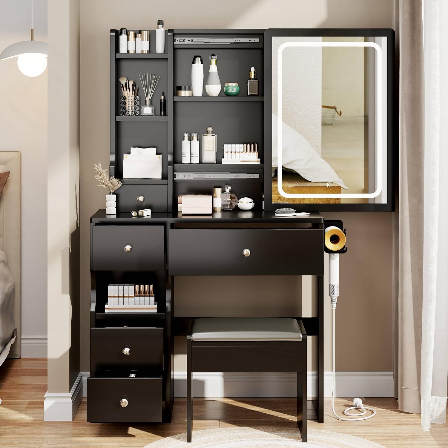 29.2" W Small Vanity Desk with Mirror, Makeup Vanity Set with 4 Drawers and 6 Shelves, Dressing Table for Bedroom, Girls and Women