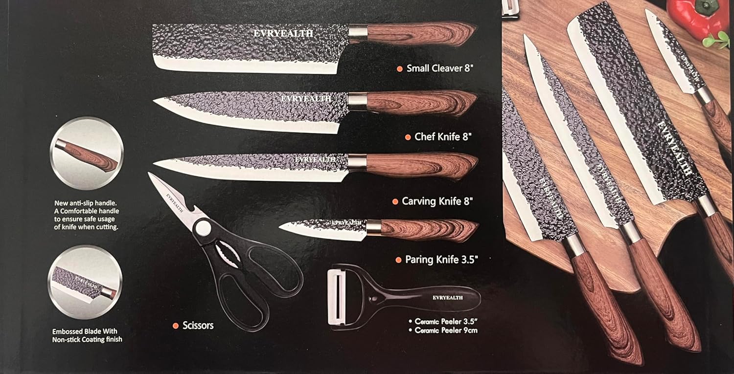 6 PCS Kitchen Knife Set and Sharpener without Block, High Carbon Stainless Steel Ultra Sharp Knives Set for Kitchen Home Use, Lightweight and Durable - Black