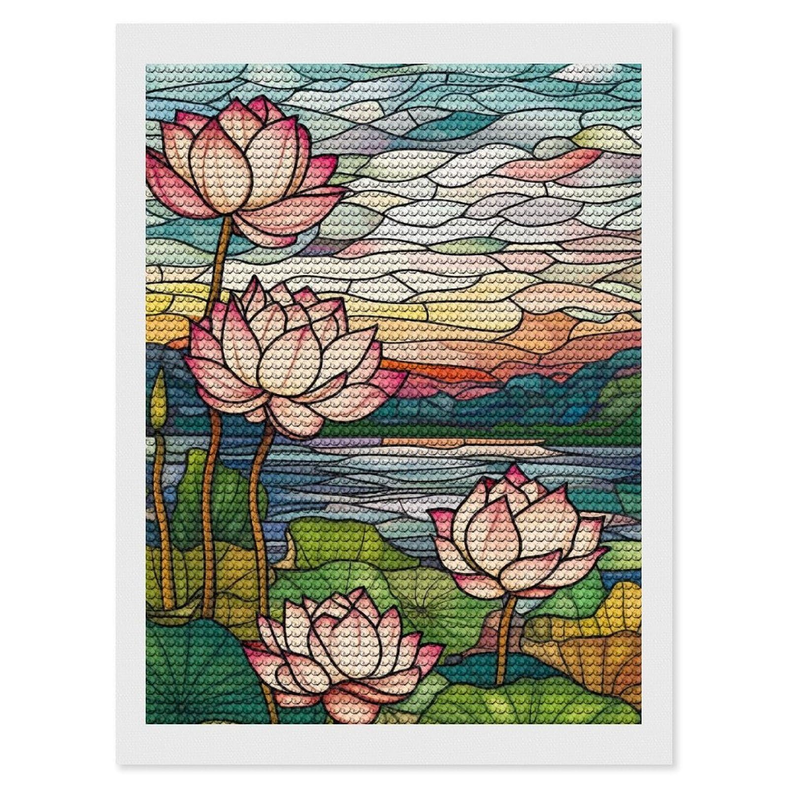 Junmoney Lotus Flowers Stained Glass Round Drill Diamond Painting 12"x16", for Adults, Creative Leisure Activity, Office Decor, Holiday Gift Idea