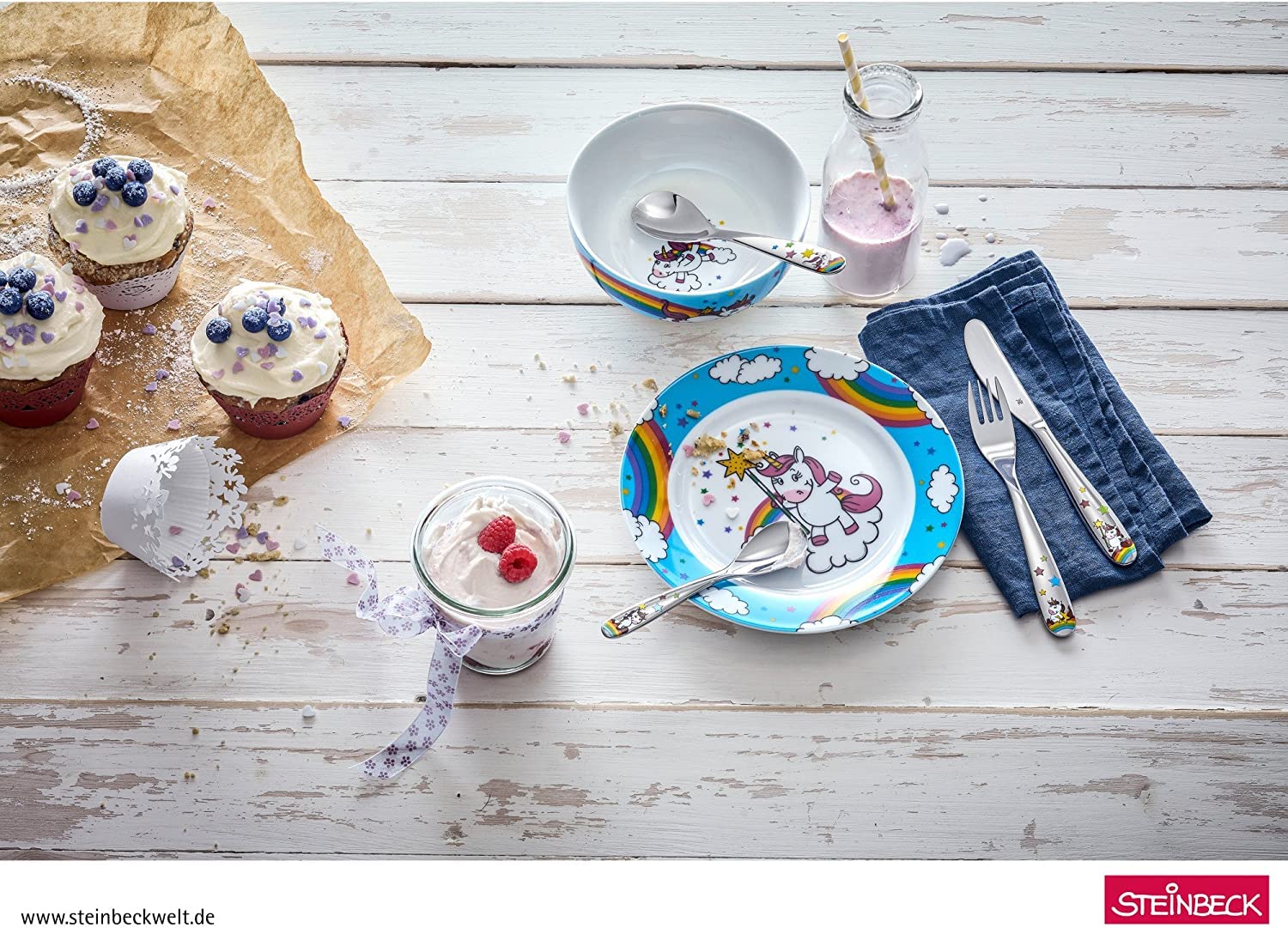 WMF Unicornio - Vajilla para niños 6 Piezas, Incluye Plato, Cuenco y cubertería (Tenedor, Cuchillo de Mesa, Cuchara y Cuchara pequeña) Kids Infantil
