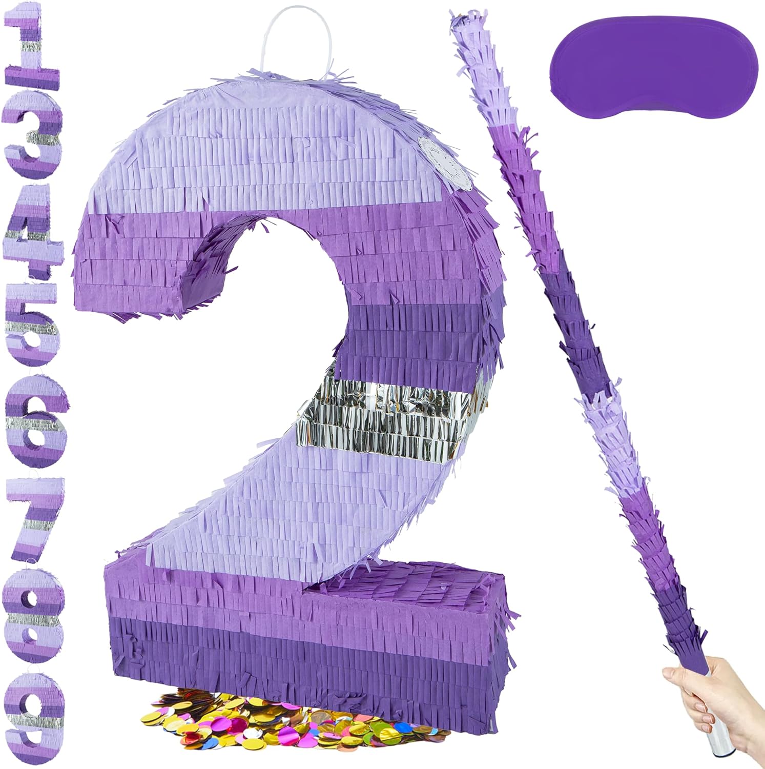 PCFING 20 Inch Number 5 Piñata Purple Silver with 30 Inch Piñata Stick Blindfold Confetti for Boy Girl Kids Birthday Party Decorations, Anniversary Celebration, Fiesta