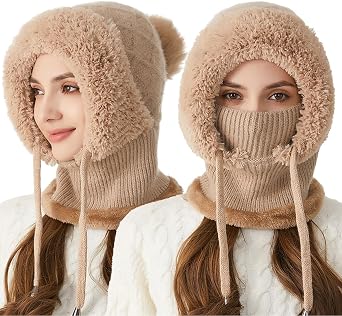 3 in 1 Beanie Hat with Scarf and Mask for Women Winter Balaclava Hoodie, Ear Warmers, Nose Warmer, Warm Head Scarf