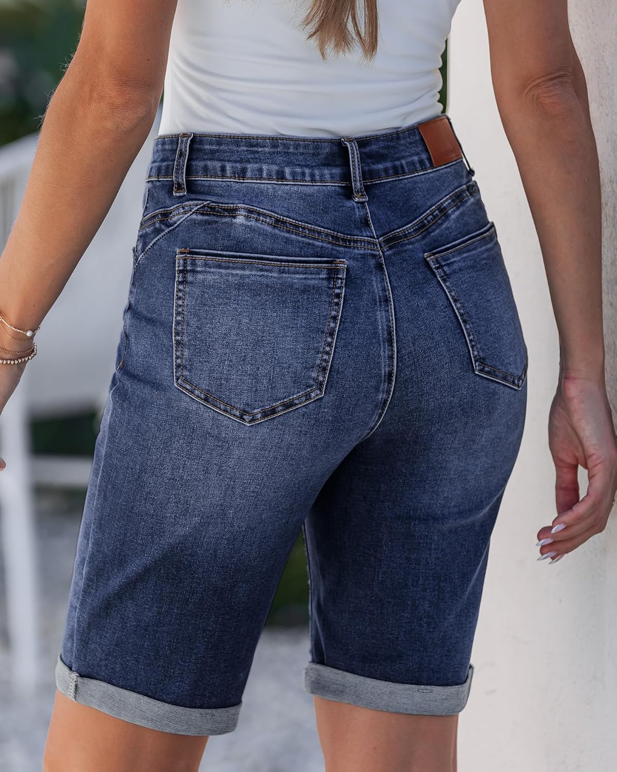 luvamia Bermuda Jean Shorts for Women Knee Length High Waisted Trendy Cuffed Hem Long Stretchy Denim Shorts Summer Jorts - Image 2