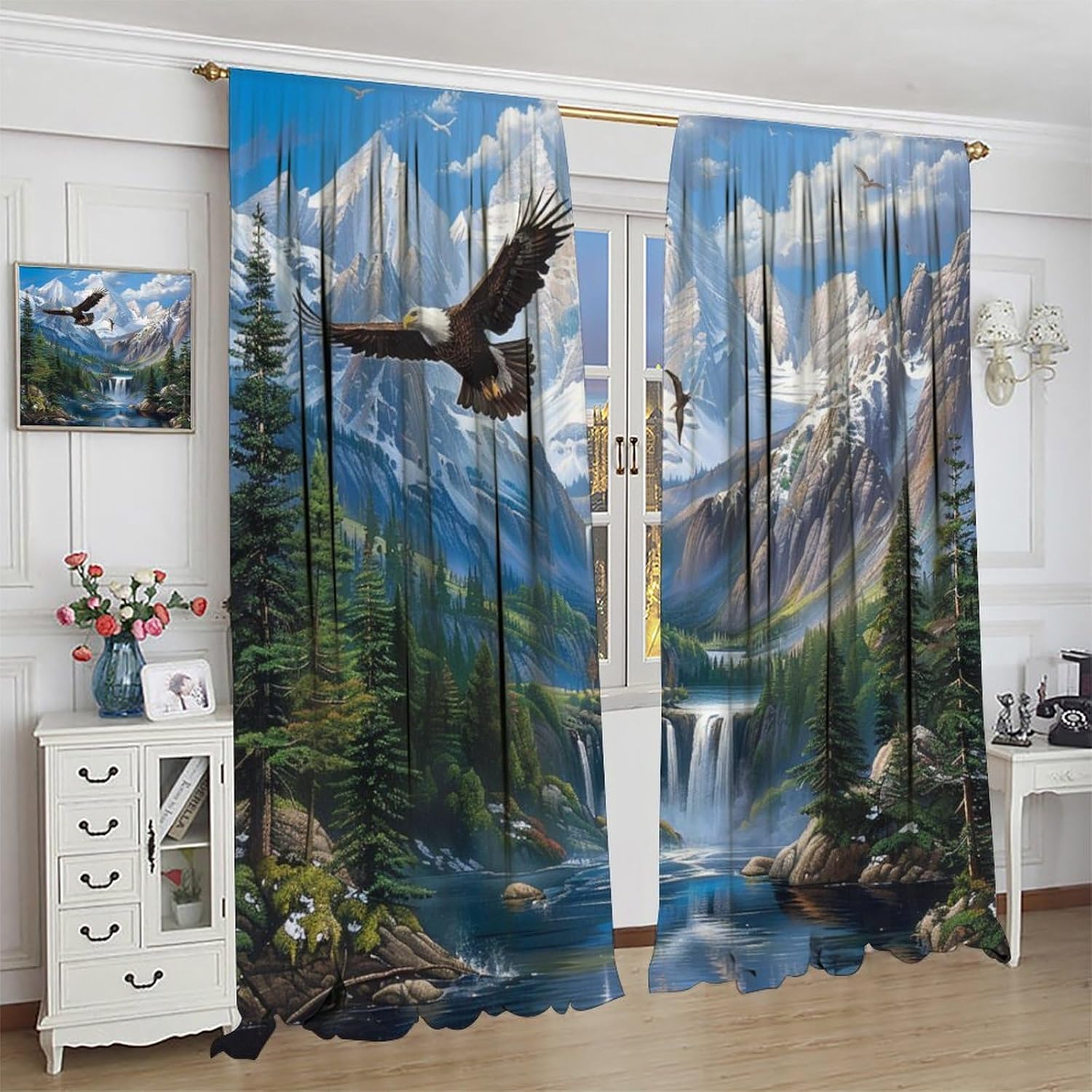 Colorful Bald Eagle Blackout Curtains for Bedroom Living Room, Rod Pocket Jungle Waterfall Snowy Mountain Curtains Thermal Insulated Window Drapes 2 Panels, Each 21W x 45L