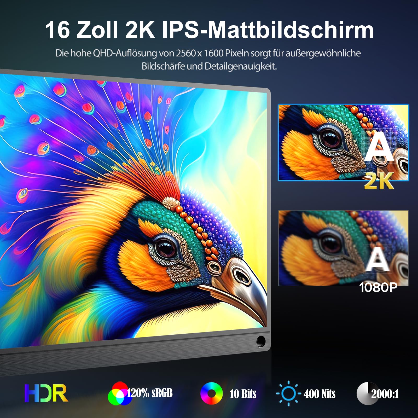 UPERFECT 16 Zoll 2K 120Hz Portable Gaming Monitor, 2560x1600 2000:1 10 Bit | 400 Nits 16:9/16:10 IPS Bildschirm Mini HDMI USB C für PC Laptop Xbo Switch, Zweiter Bildschirm VESA-kompatibel