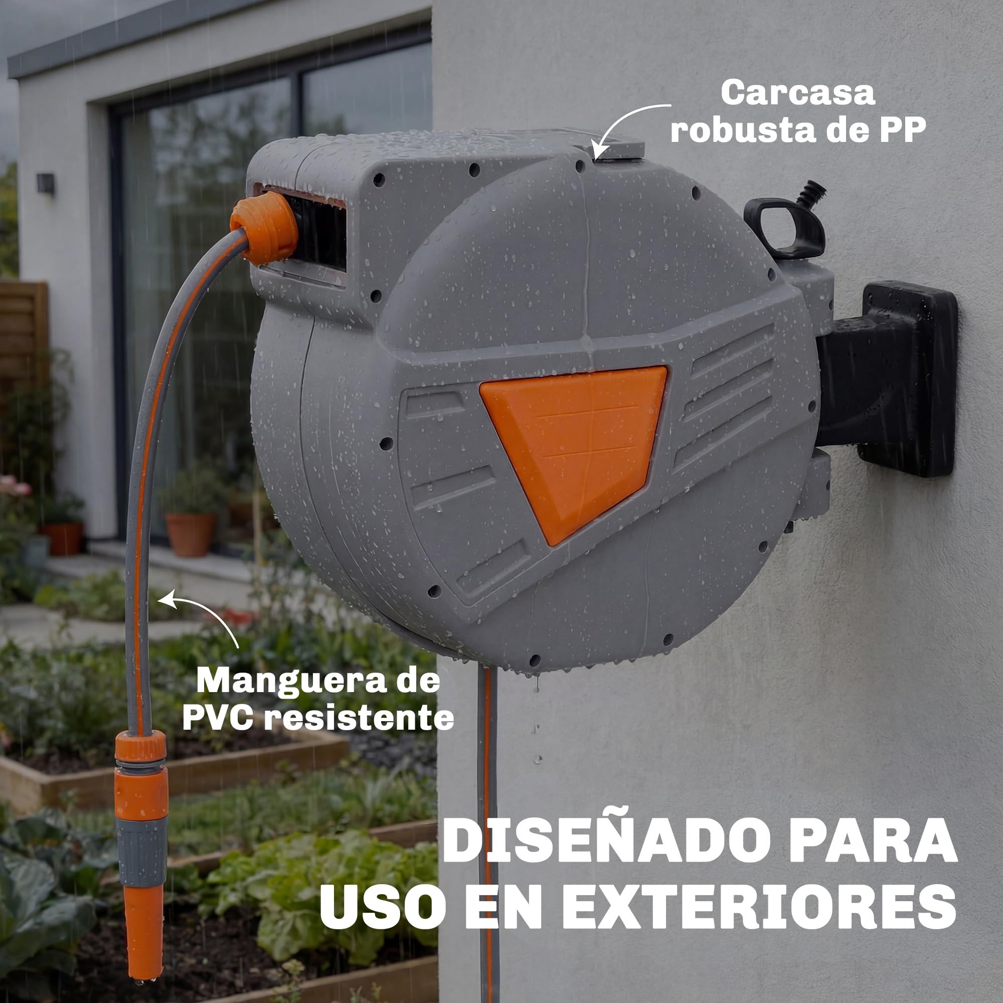 Outsunny Enrollador de Manguera para Jardín 20+1,6 m con Boquilla de 2 Modos, Carrete de Manguera de Jardín de Pared con Bloqueo Automático y Retracción Controlada, Soporte Orientable 180°, Naranja