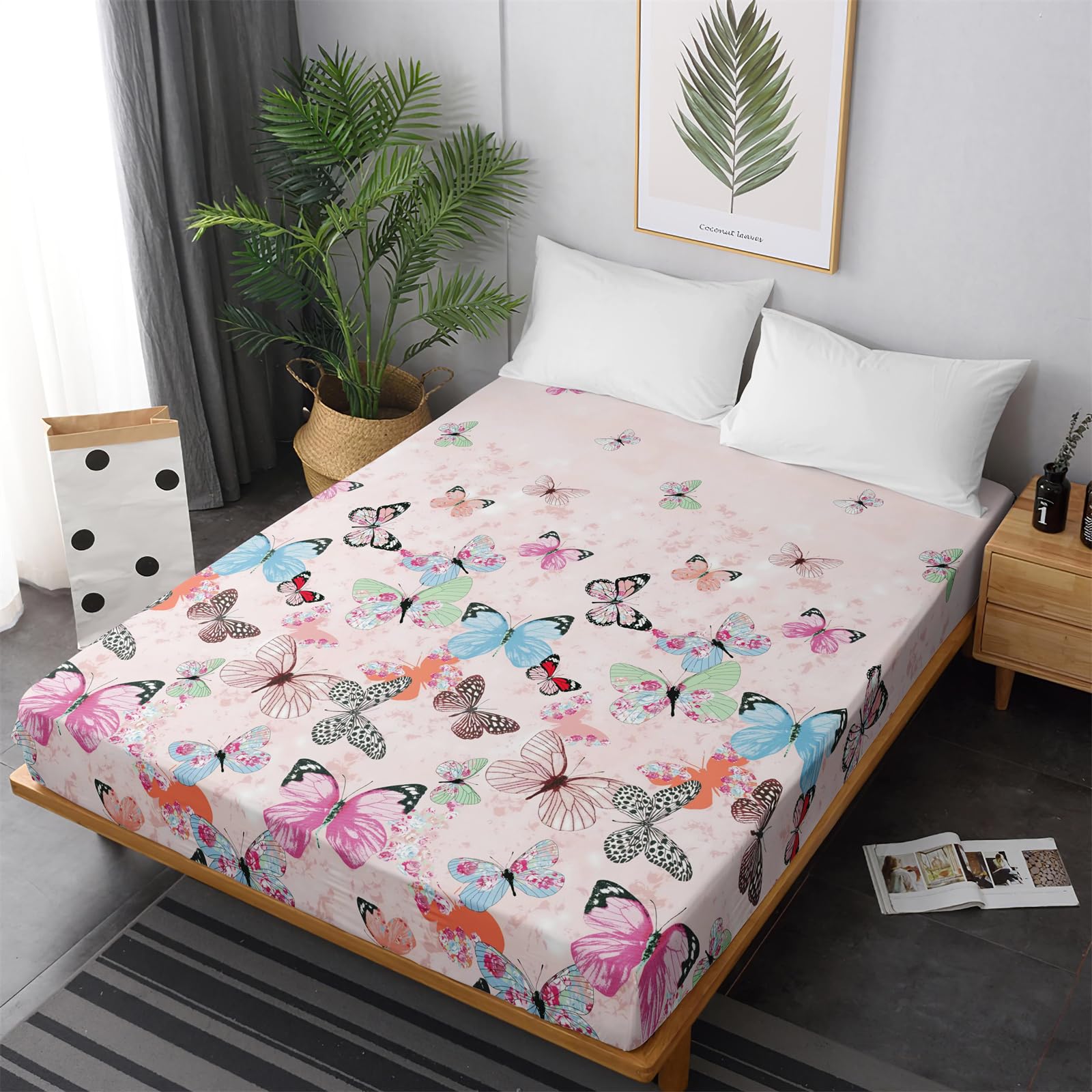 Chickwin Fitted Sheets Bedding Sheets, Animal Print Double King Single Size Bed for Deep Pocket 30cm - Shrinkage Fade Resistant Easy Care (King,Butterfly)