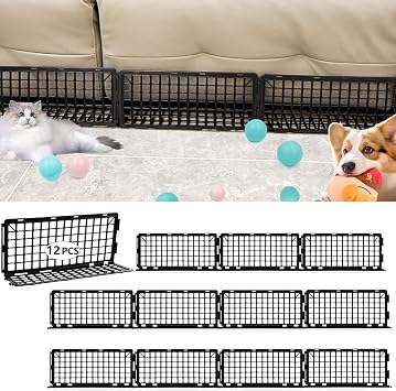 12 PCS Under Couch Blocker for Bed Furniture, Adjustable Plastic Under Bed Blocker for Dogs Pets Cats, Couch Blocker Stop Small Items Getting Under Bed with 100 Ties Black Couch Barriers Black