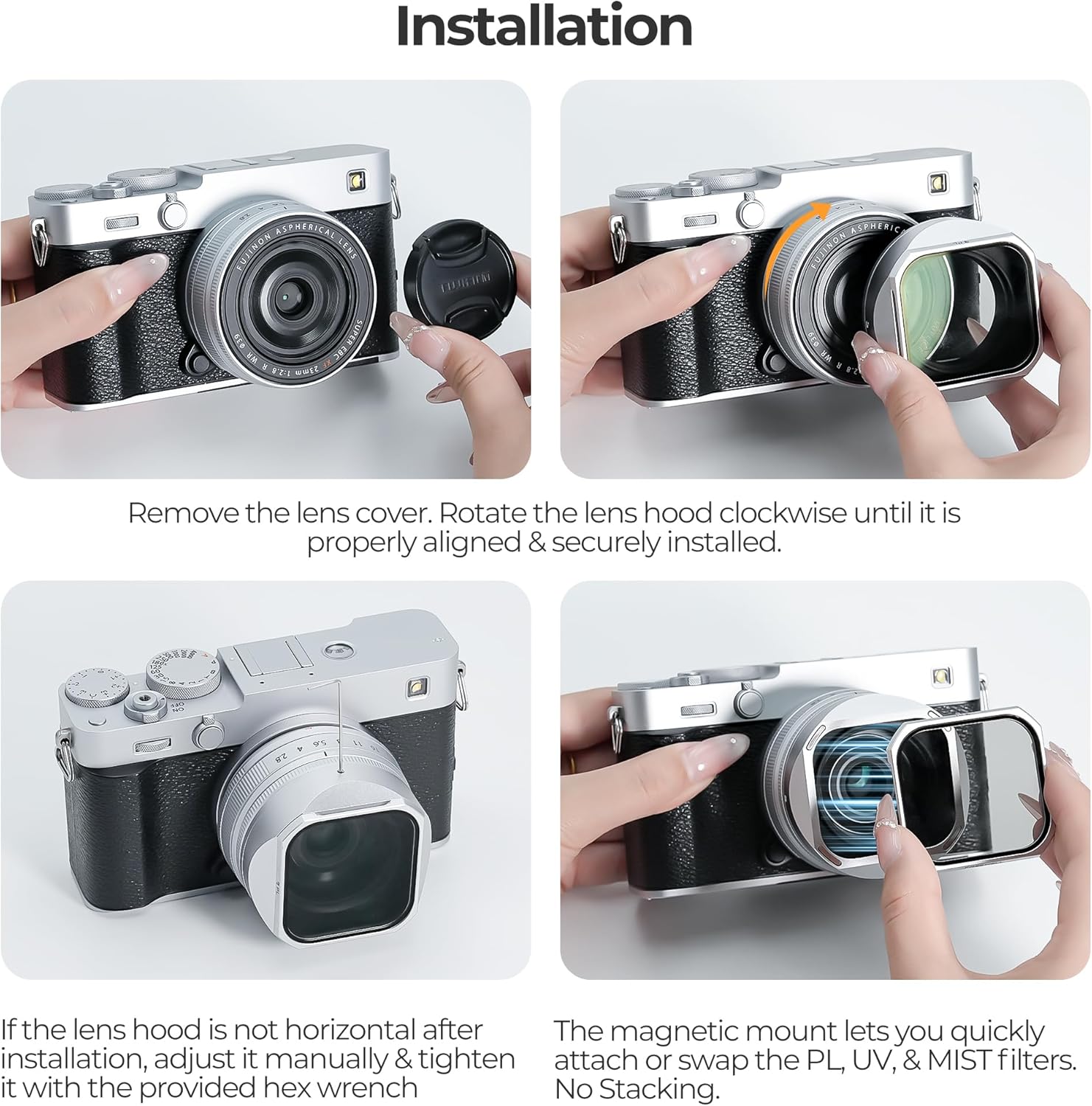 Freewell Magnetic Lens Hood for Fujifilm XF 23mm F2.8 R WR (X-E5 & X Series) - Magnetic PL, UV, Black Mist 1/4 Filters, Tempered Glass (Silver)