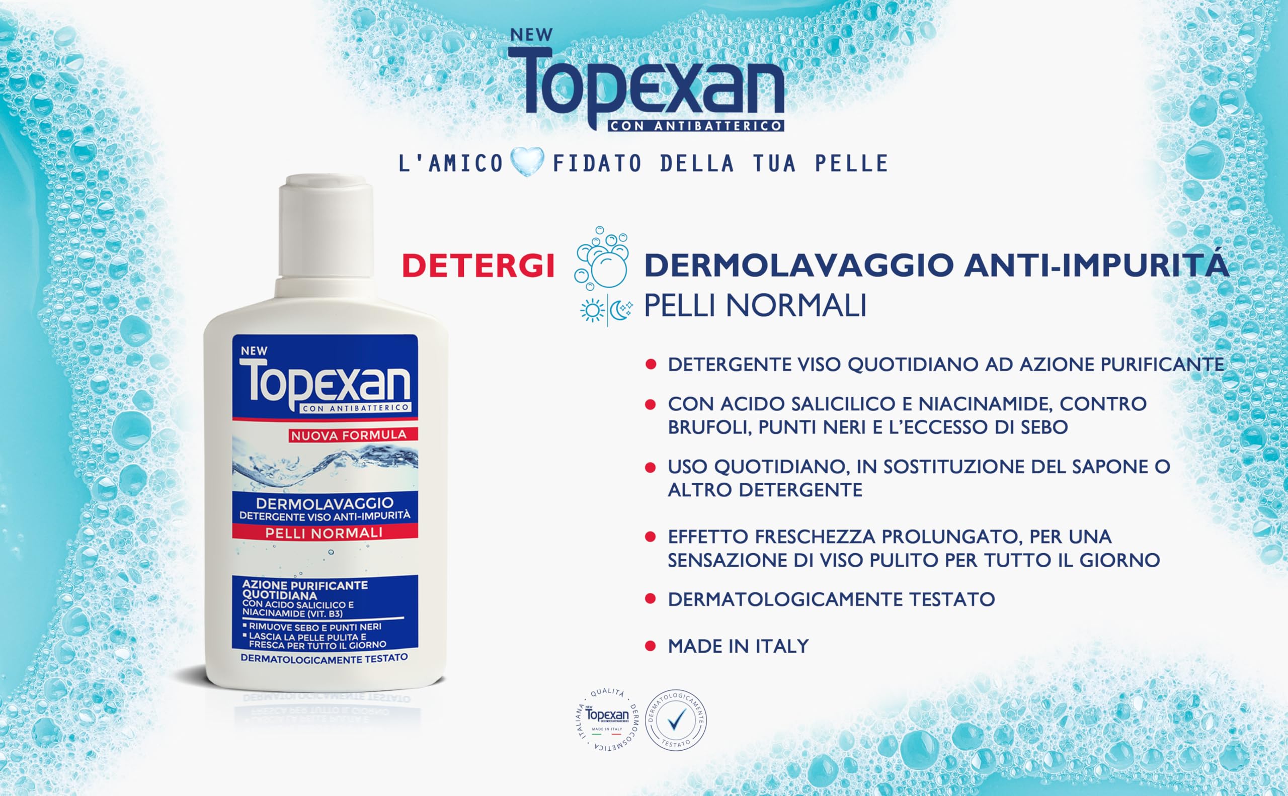 NEW TOPEXAN Dermolavaggio Anti-impurità - Detergente viso ad azione purificante - con Acido Salicilico e Niacinamide - Rimuove sebo e punti neri - Uso quotidiano - 150ml