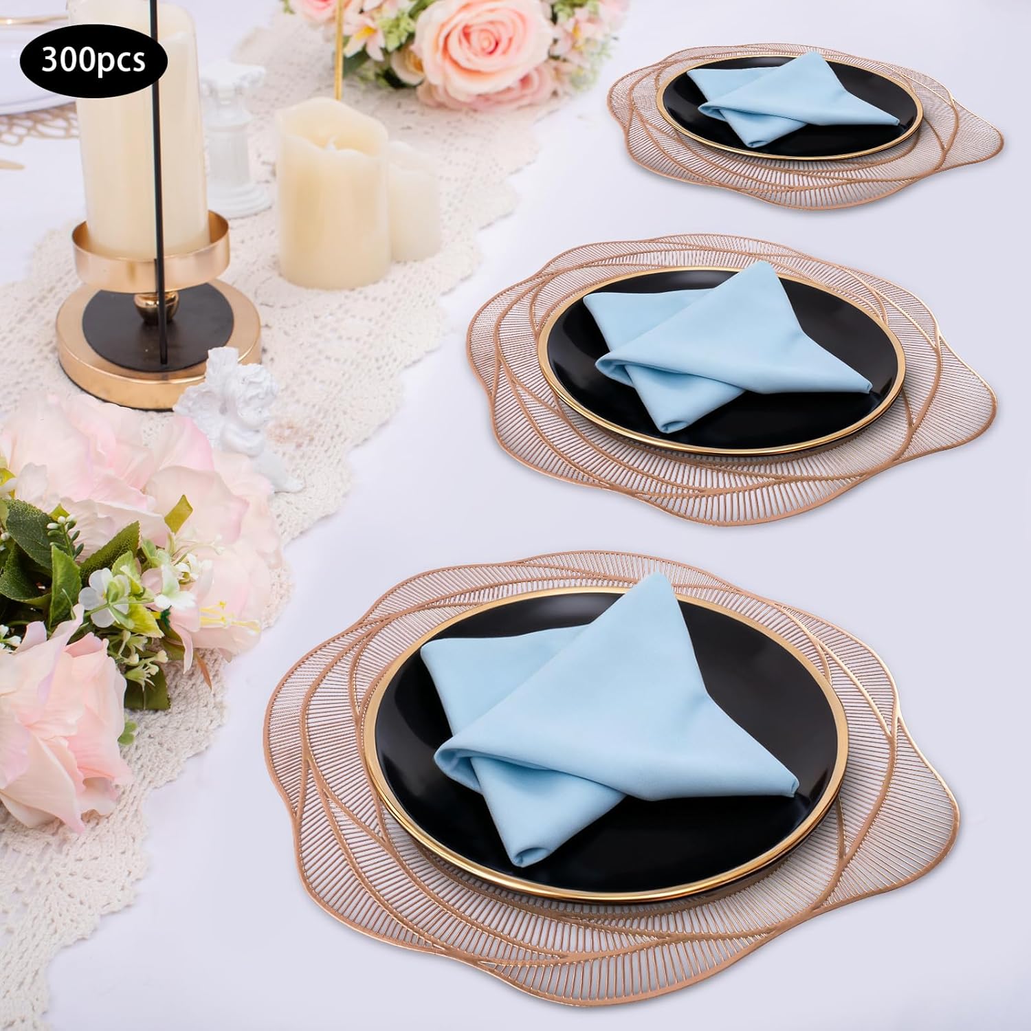 300pcs Dining Table Mats, Rose Slip Resistant Place Mats Set, 14.96inch PVC Hollow Out Dinning Place Mat for Wedding Dining Kitchen, Smooth Edges, Repeated Use (Rose Gold)