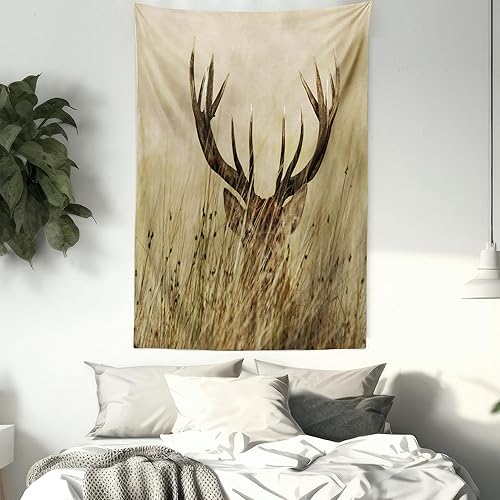Miniatura 7 de Ambesonne Tapiz de cornamentas, cervatillo de ciervo de cola blanca en el desierto en el campo, tema de caza rural, colgante de pared