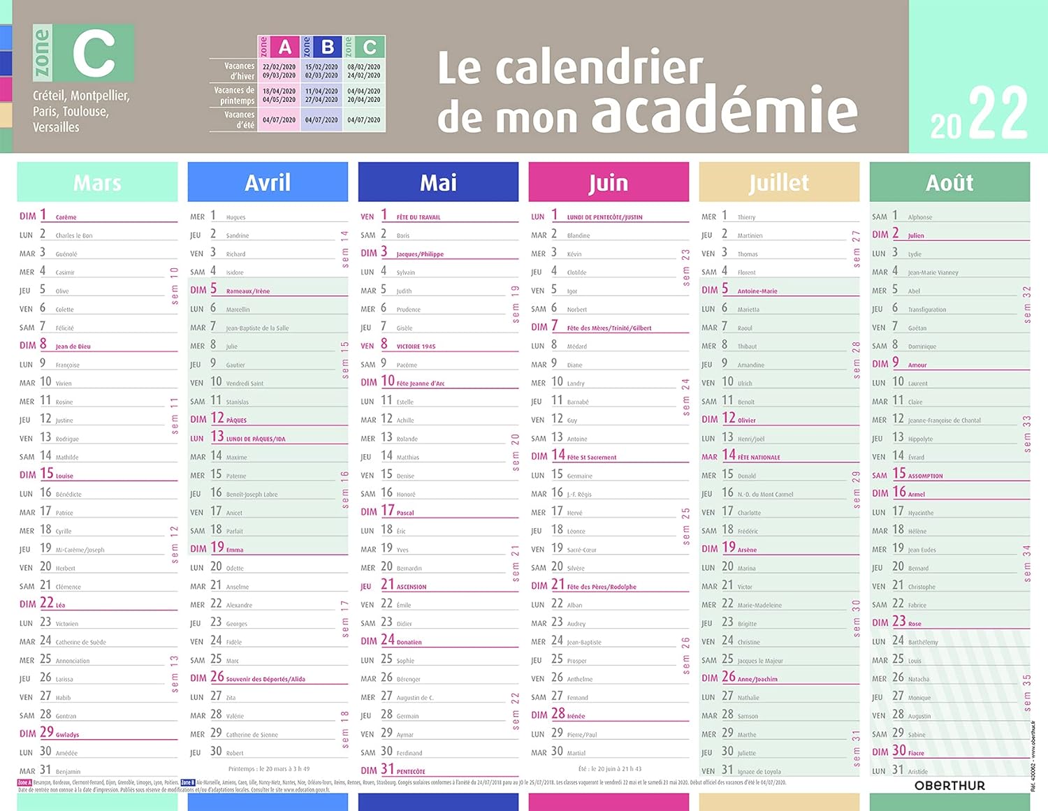 Oberthur Calendrier 2023 Oberthur - 1 Calendrier Rigide - Spéciale Zone C - Septembre 2021 À Août  2022 - 33,5X43Cm : Amazon.fr: Fournitures De Bureau