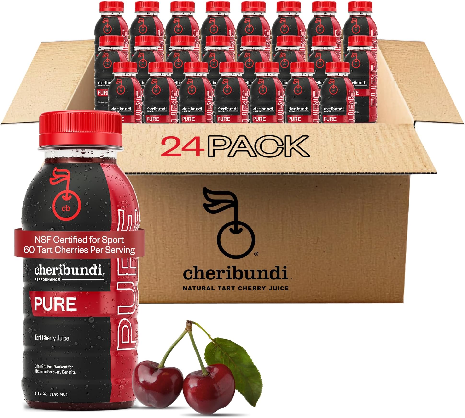 PURE Tart Cherry Juice - 100% Tart Cherry Juice, No Sugar Added - Pro Athlete Post Workout Recovery - Fight Inflammation And Support Muscle Recovery - 8 Ounce (Pack of 24)