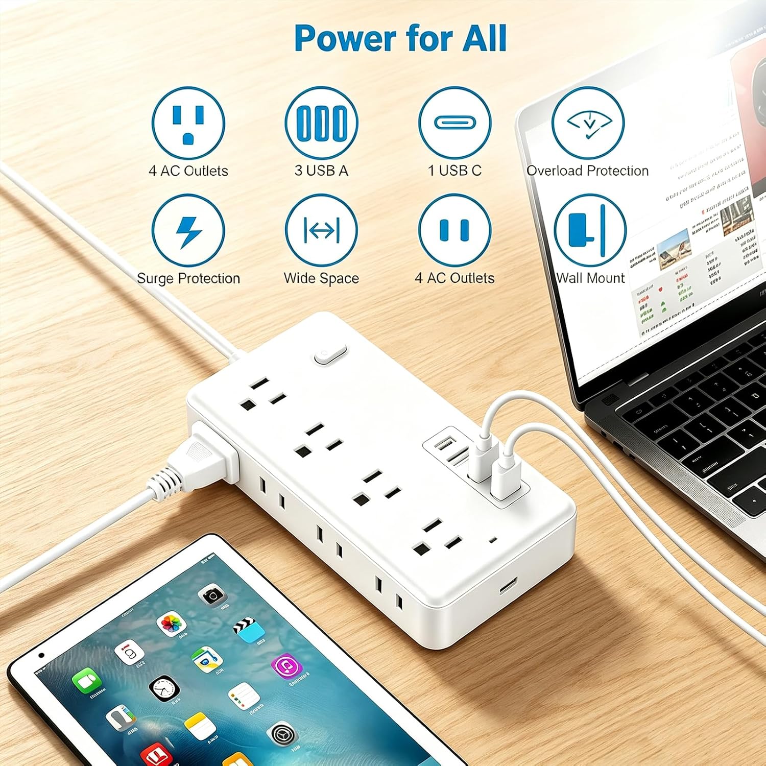 Surge Protector Power Strip, White 5 FT Extension Cord, 8 AC Outlets & 4 USB Ports (1 USB-C+3 USB-A), 1700J Surge Protection, Wall Mount Flat Plug Charging Station for Home & Office image 2