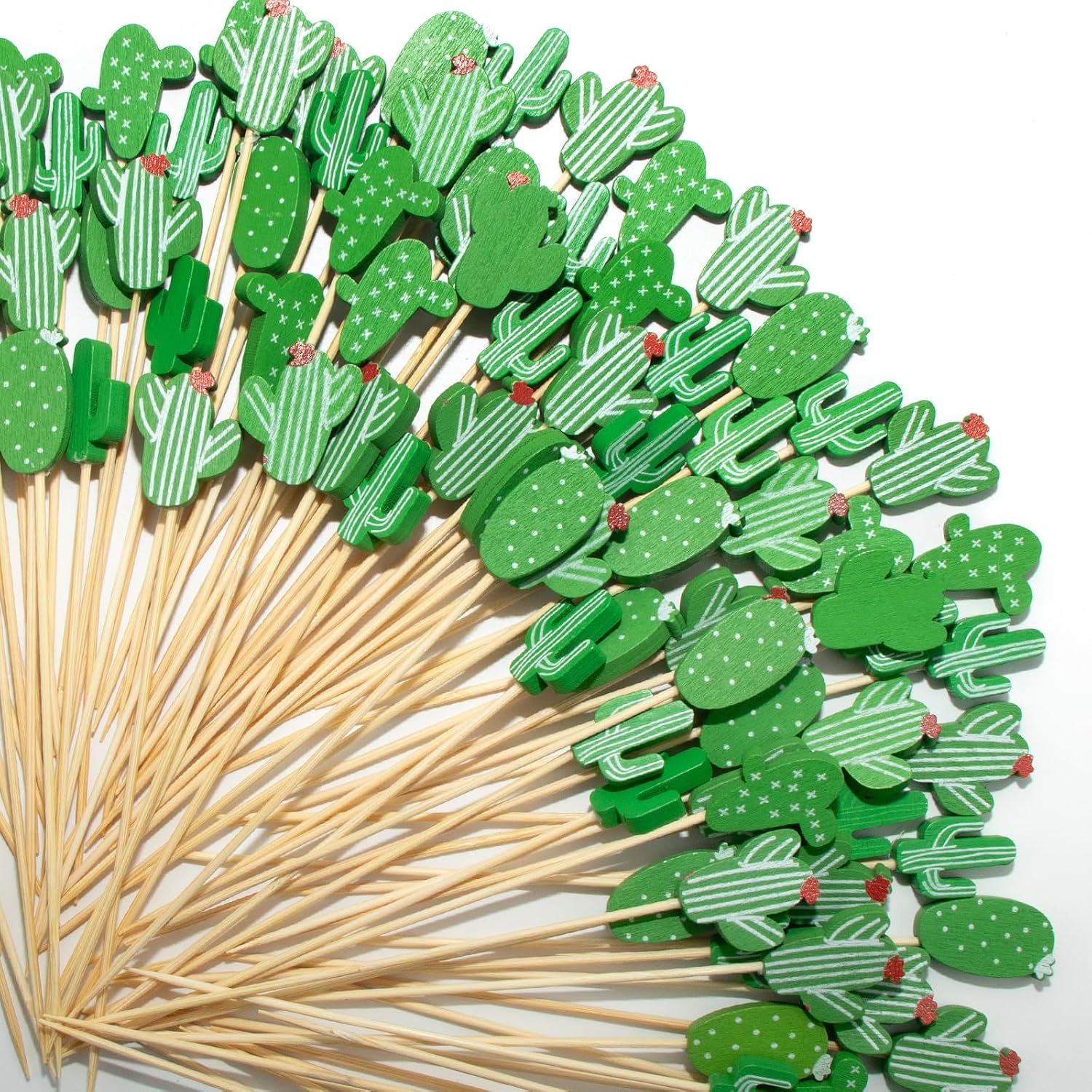 Green Cactus Cocktail Picks, 100pcs 4.7 Inch Bamboo Skewers with 4 Styles, Long Food Toothpicks Fruit Sticks for Summer Luau, Pool Party, Desert Theme Bridal Shower, Bachelorette, BBQ & Taco Bar