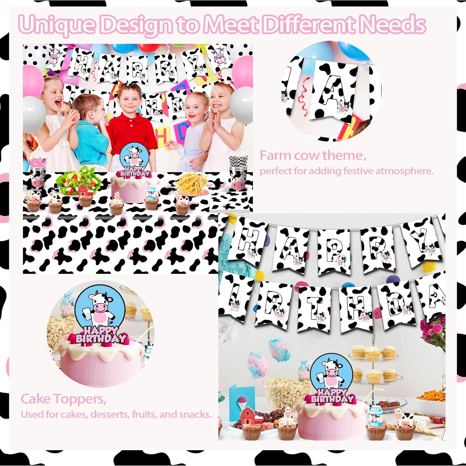 Cow Theme Birthday Party Decorations - Plates, Napkins, Cups, Cutlery, Banner, Cake Topper, Balloons, Tablecloths - Pink, Animal Print - 125 Count - Image 4