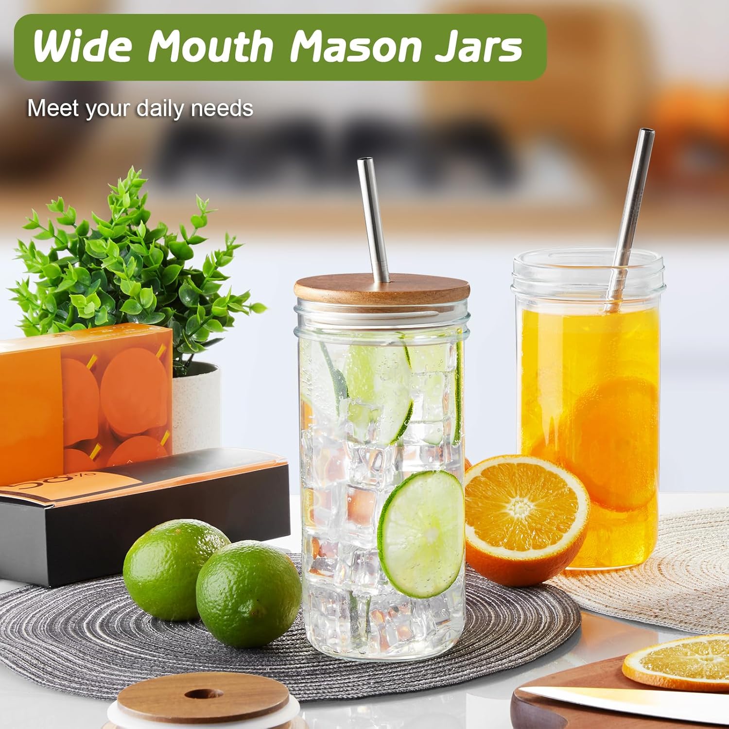 Glass Cups Set - 24oz Mason Jar Drinking Glasses with Acacia Wood Lids & Straws & Airtight Lids - Wide Mouth lced Coffee Cups Boba Bottle Tumbler for Bubble Tea, Smoothie - 2 Pack - Image 2