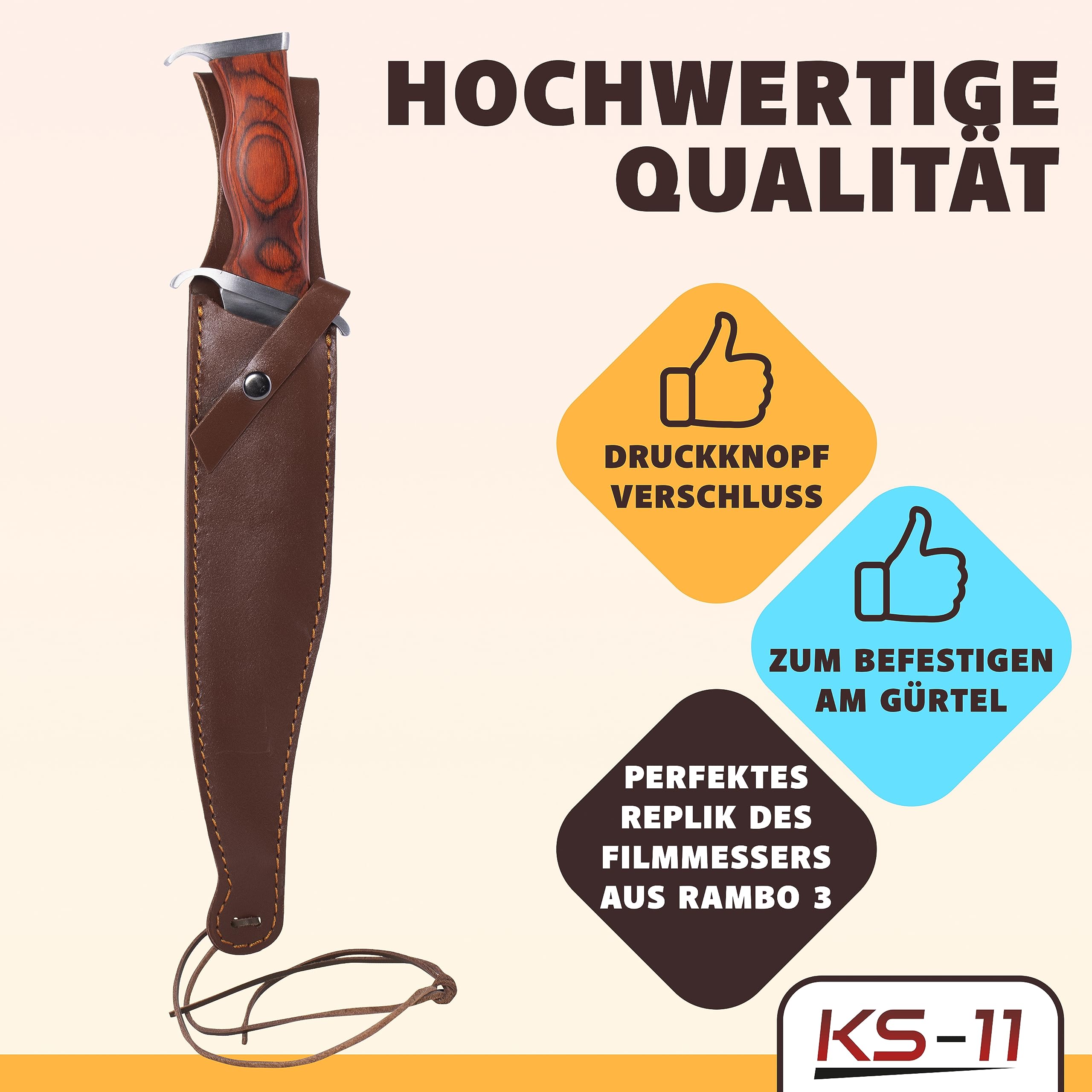 KS-11 Bärentöter im Stil von Rambo III Messer - First Blood Part 3 - Outdoor - Survival - Jagd - Holzgriff - FullTang Mega Kult Bushcraft Messer mit Lederscheide