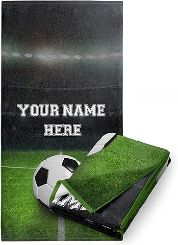 Toalla de playa personalizada con pelota de fútbol para niños o adultos con nombre personalizado para niños o niñas, algodón absorbente, microfibra