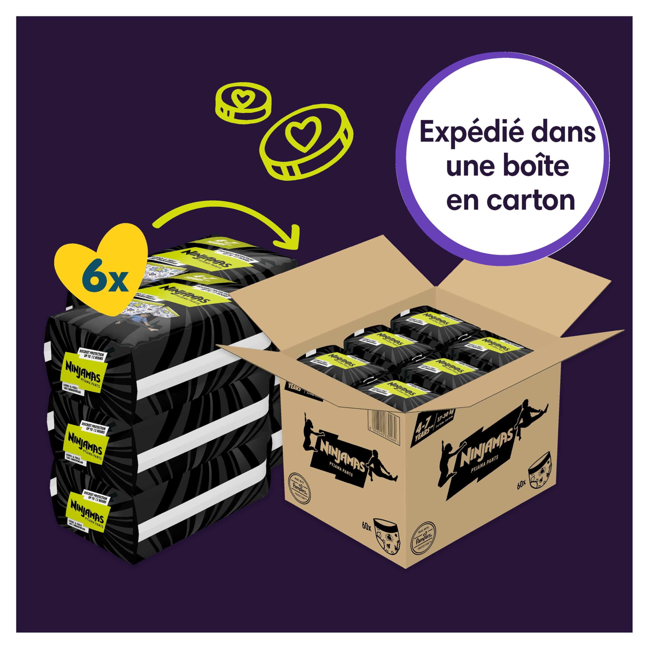 Pampers Ninjamas Pyjama Pants, Garçon, 60 Sous-Vêtements de nuit Absorbants, 4-7 Ans, 17-30kg, Protection Maximale Contre Les Fuites Toute La Nuit En Toute Discrétion, Pack 1 Mois