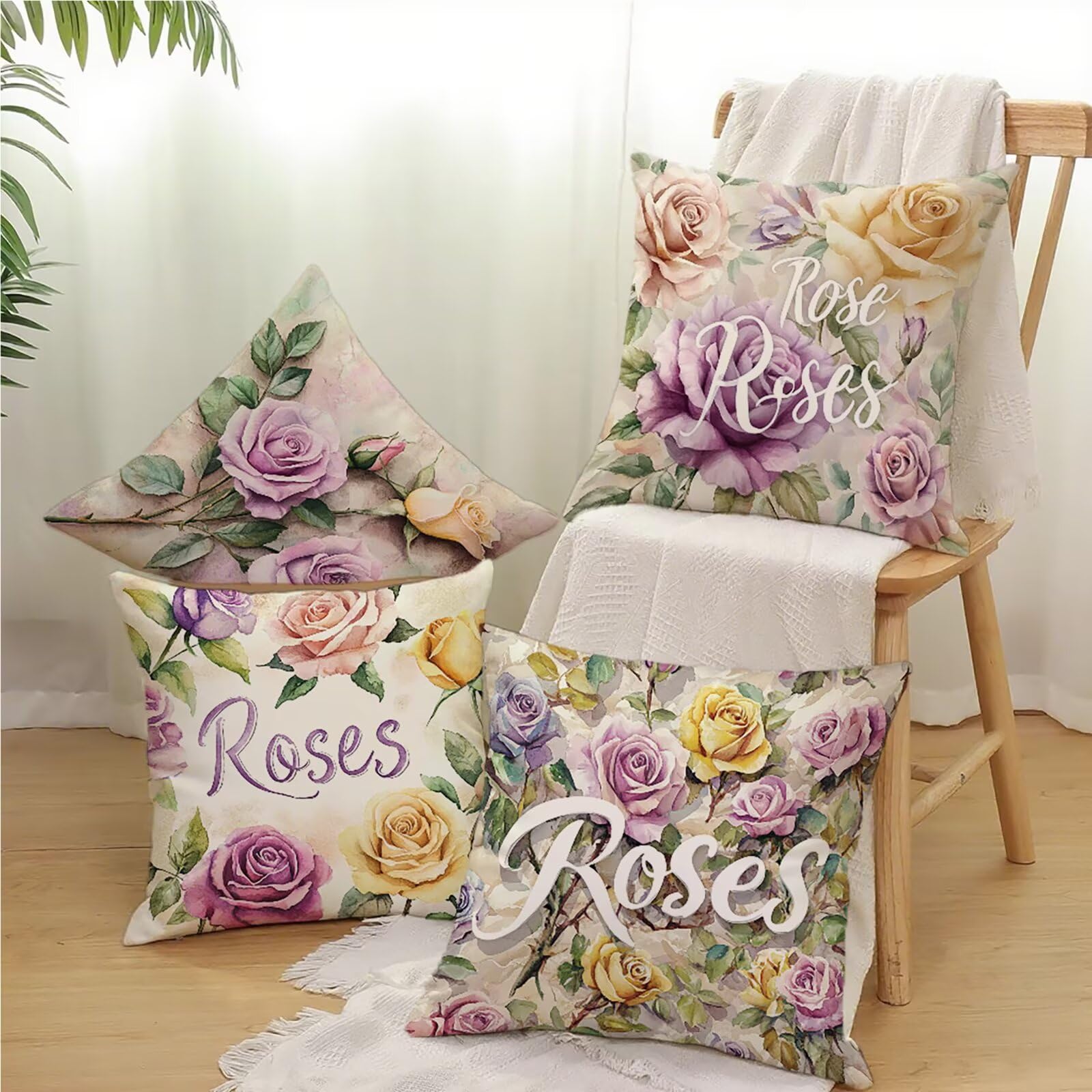 Q-496 poszewka na poduszkę 60 x 60 cm, do użytku na zewnątrz, liliowa, różowa, aksamitna, na sofę, zestaw 4 sztuk, poduszka dekoracyjna, na kanapę, do sypialni, salonu Q-496
