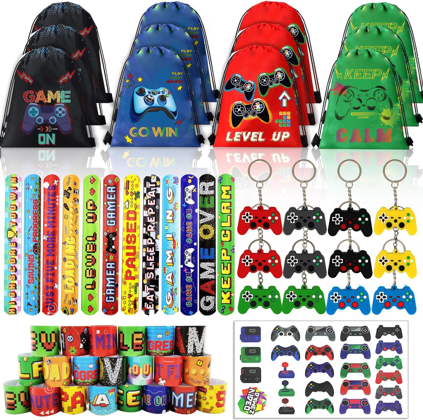 Bluegogo 61 Pcs Video Game Party Favors, Gamer Party Favors Bags Includes 12 Pcs16 x 13 Inch Video Game Party Drawstring Bags Slap Bracelets Keychains Tattoo Stickers for Kids Gaming Party Favor