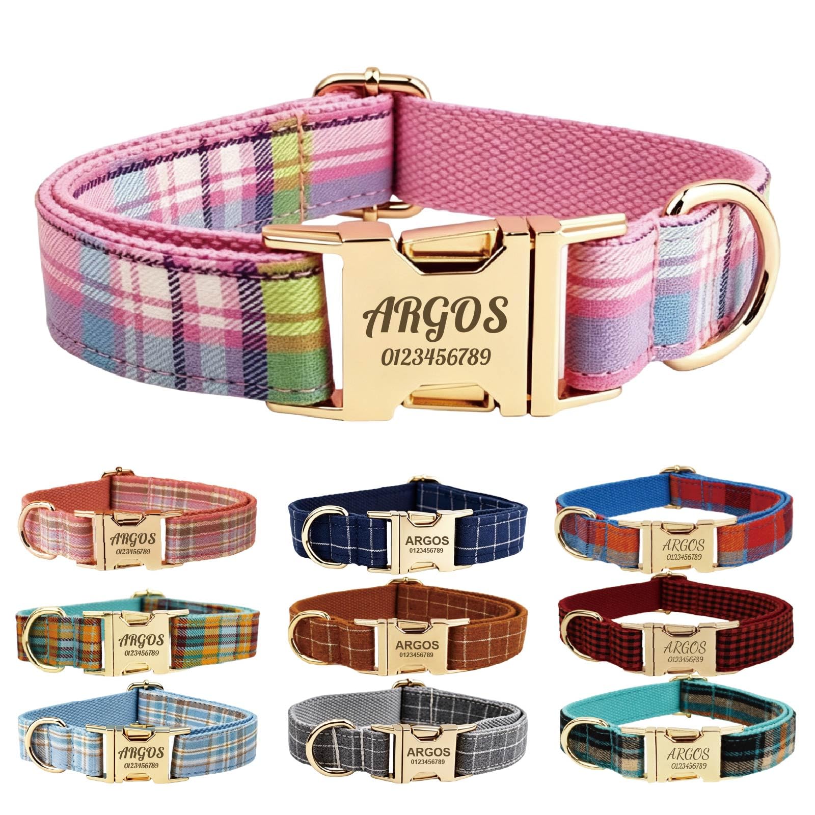 Collar de Perro Personalizado con Hebilla de Metal, tartán Collar Personalizado con Nombre y número de teléfono, tamaños Ajustables para Perros pequeños, medianos y Grandes