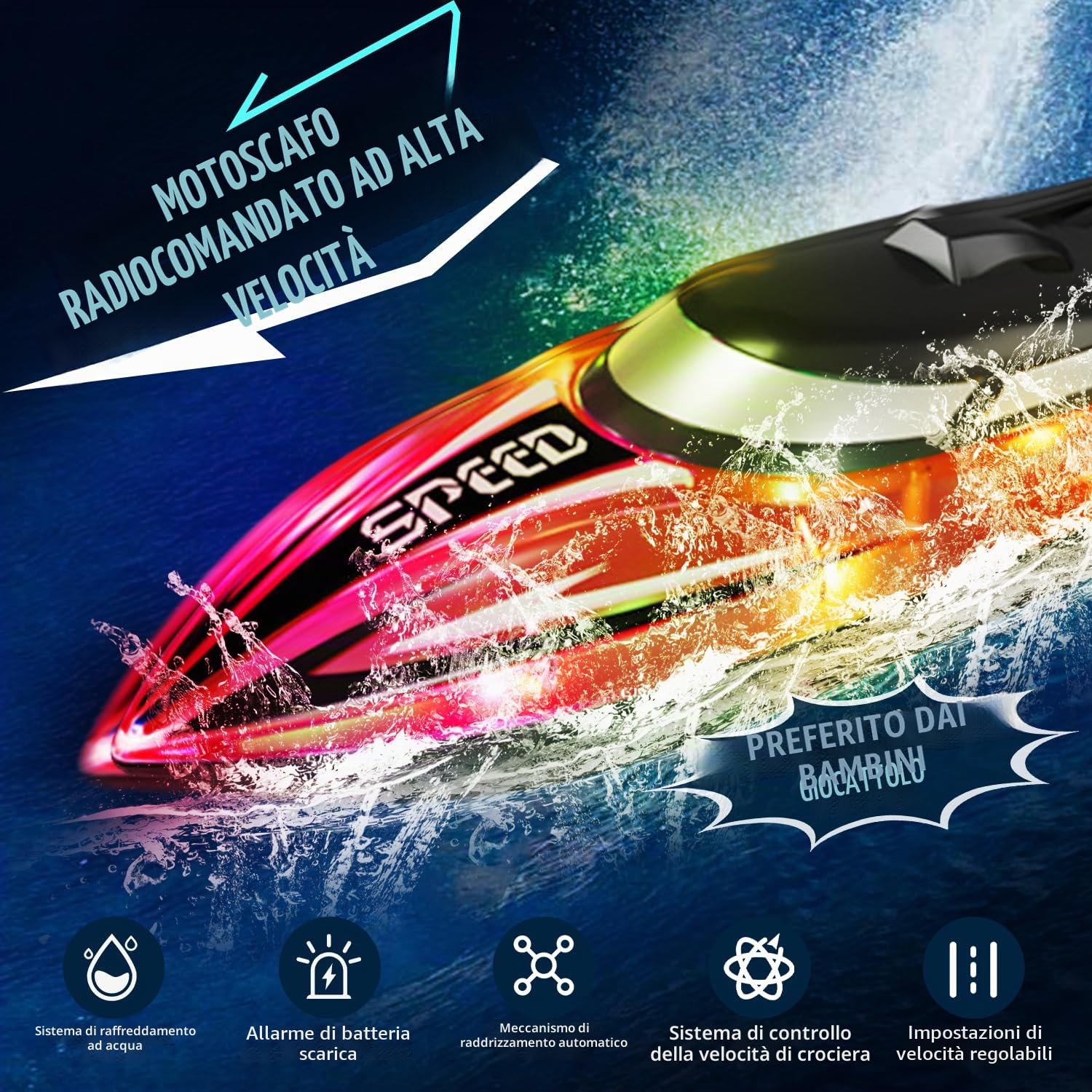 RoserRose Barca telecomandata, barca radiocomandata con illuminazione a LED, telecomando da 2,4 G, doppio motore, impermeabile e protezione contro il ribaltamento, per bambini, con 2 batterie per mari